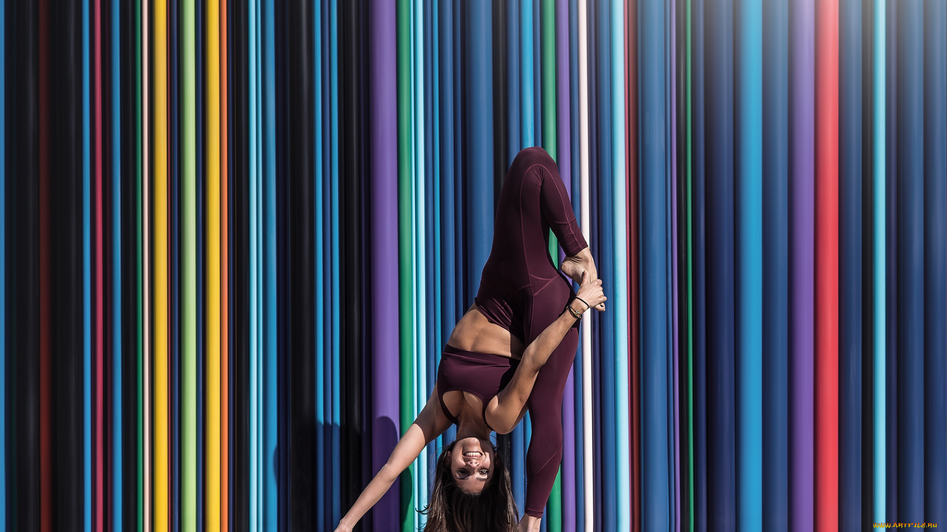 спорт, гимнастика, стойка, на, одной, ноге, женщины, красочный