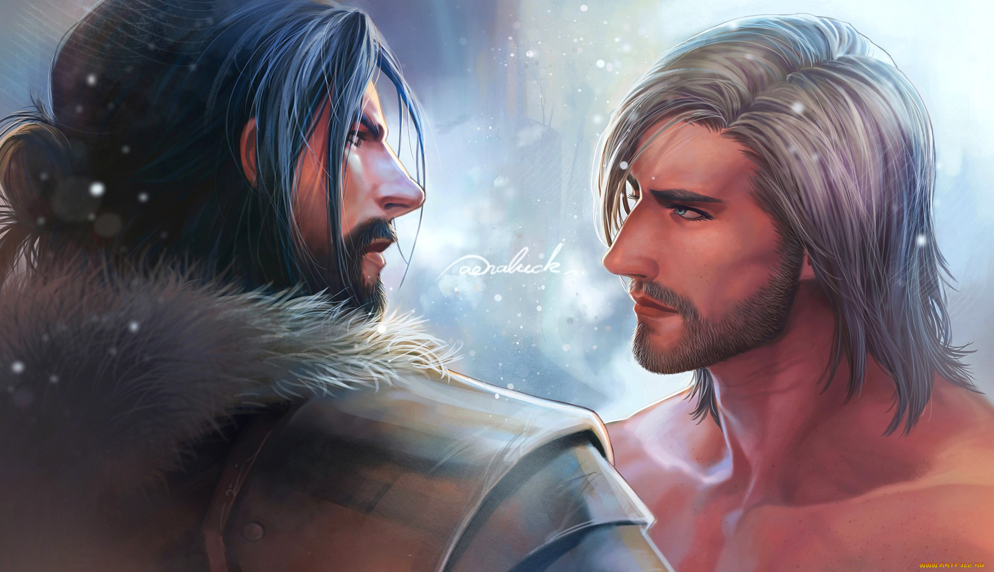 рисованное, люди, снег, разговор, мужчины