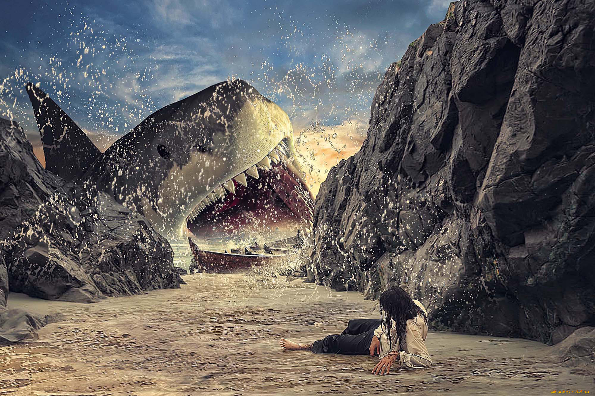 разное, компьютерный, дизайн, акула, скала, брызги, пляж, мужчины