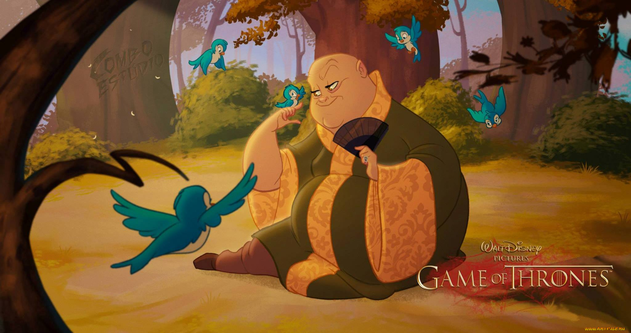 рисованное, кино, лес, птицы, веер, халат, варис