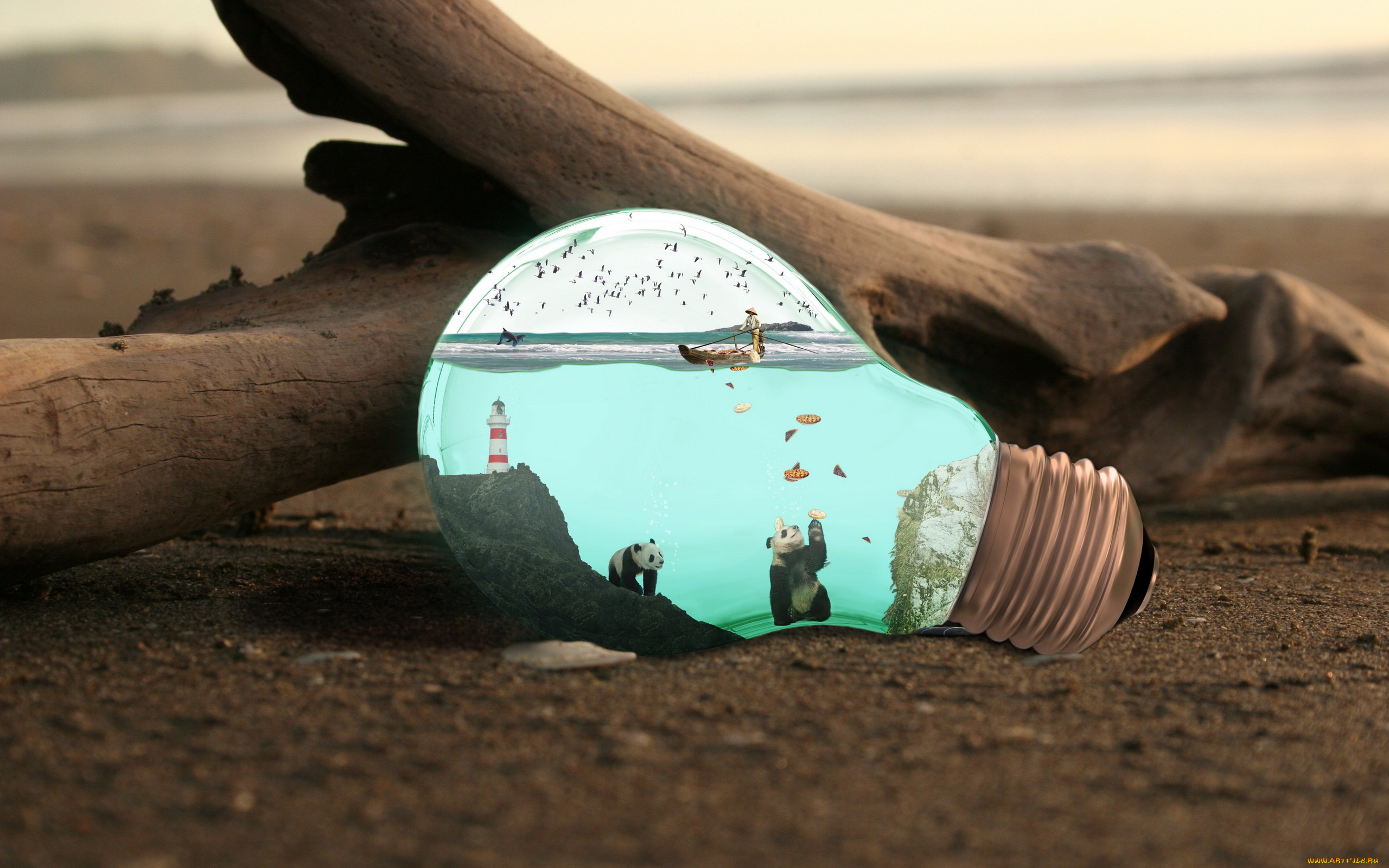 разное, компьютерный, дизайн, панды, маяк, рыбак, море, лампочка, коряга