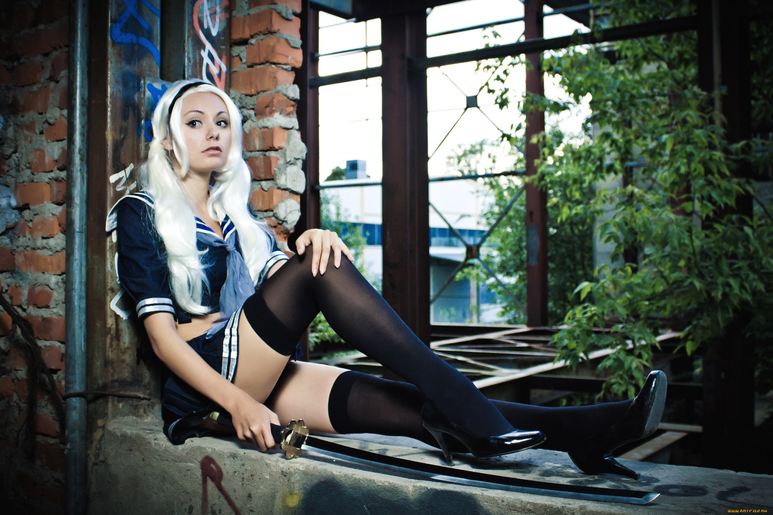 разное, cosplay, , косплей, фон, меч, девушка, чулки, унмиформа, alienorihara