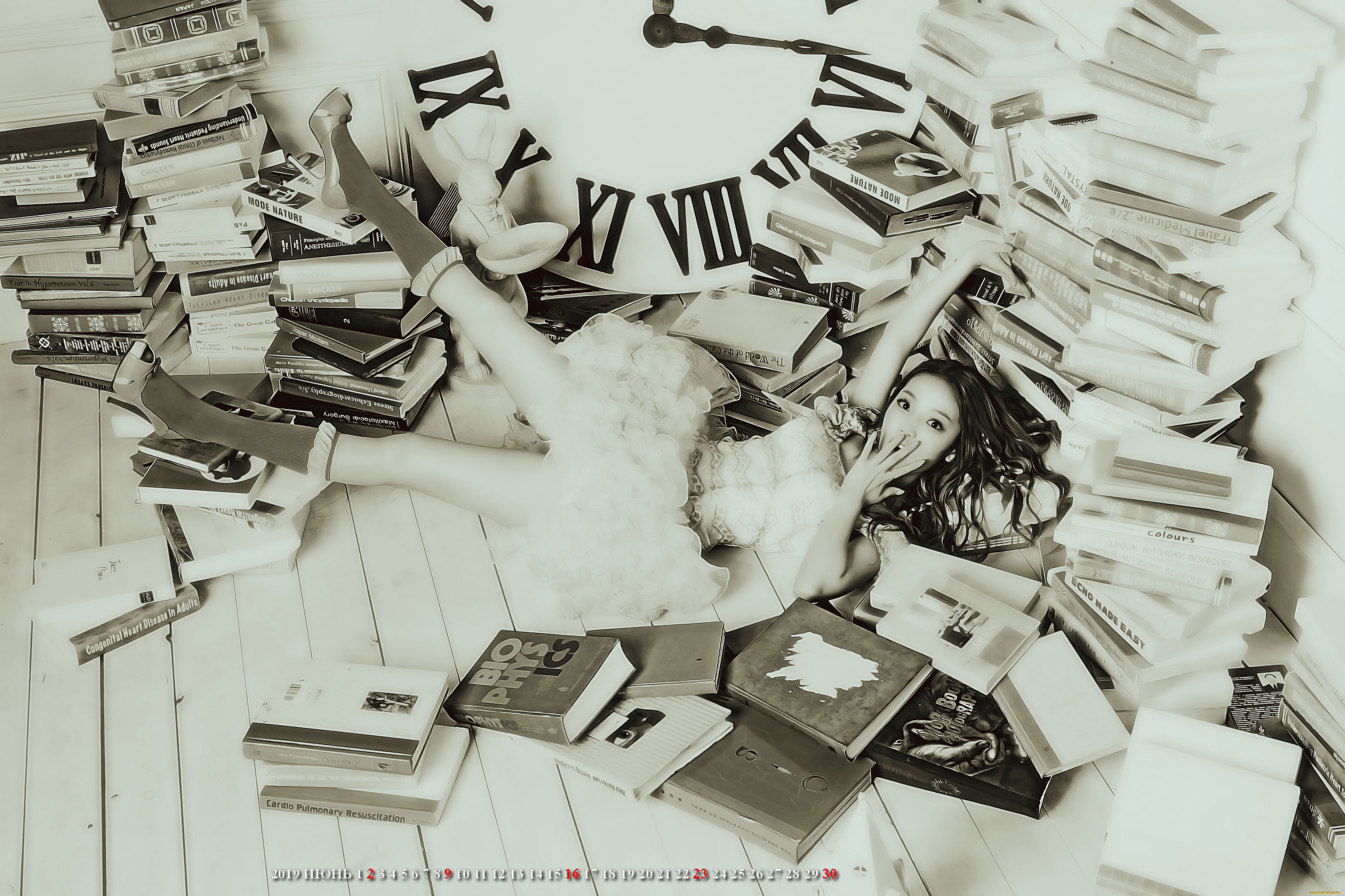 календари, компьютерный, дизайн, calendar, азиатка, девушка, лежать, часы, книга