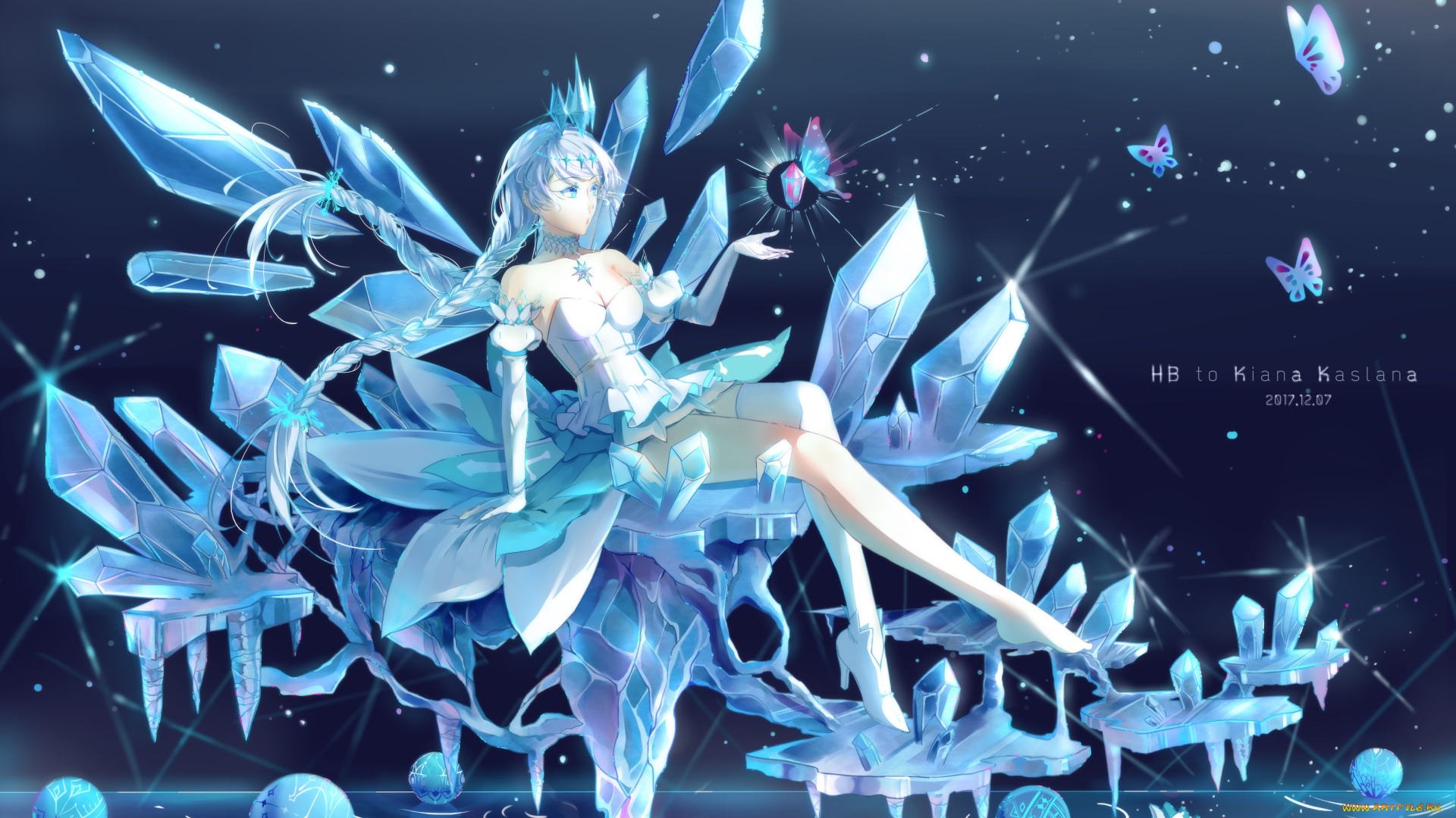 аниме, unknown, , другое, , девушка, кристаллы, лед, вода, бабочки