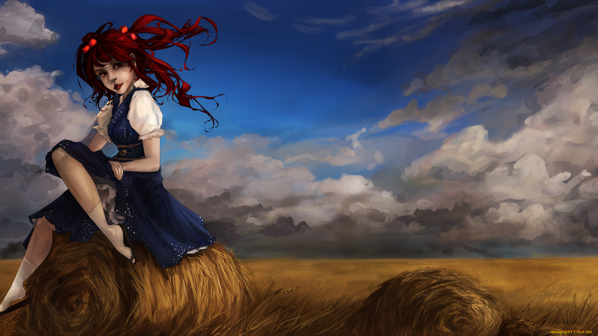 рисованное, дети, девочка, фон, взгляд, платье, стог