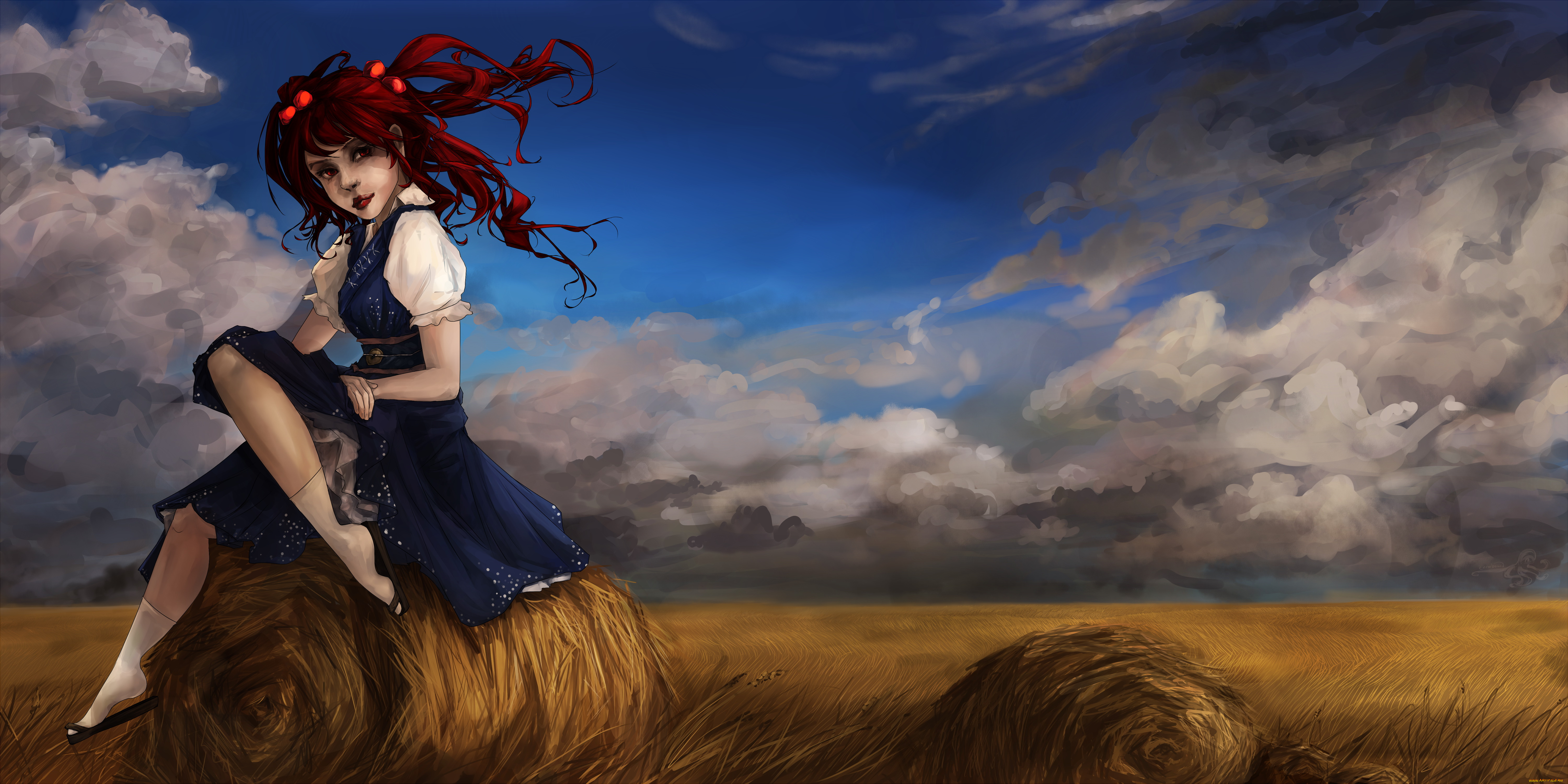 рисованное, дети, девочка, фон, взгляд, платье, стог