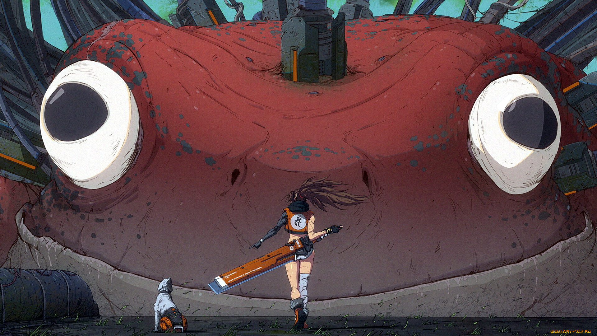 аниме, оружие, , техника, , технологии, девушка, собака, жаба, киборг