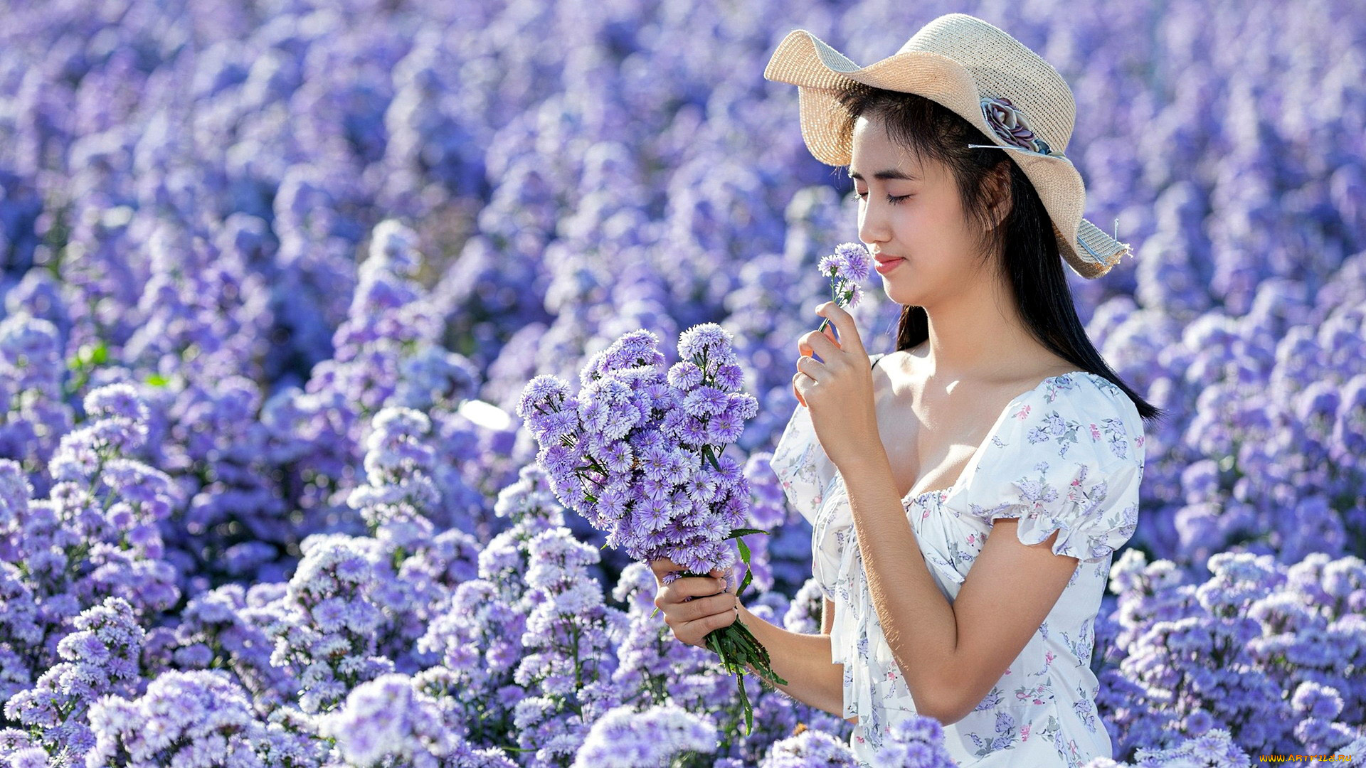 девушки, -, азиатки, азиатка, шляпа, платье, цветы