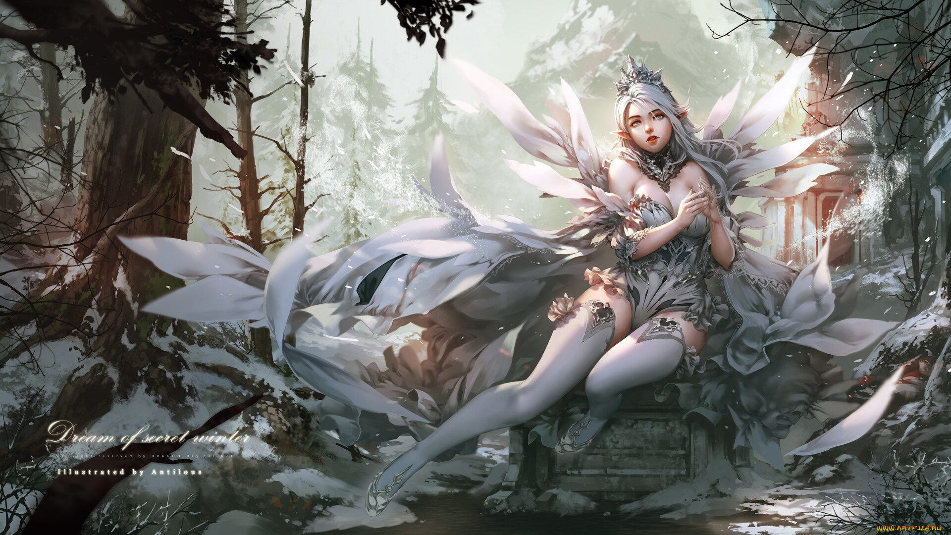 фэнтези, эльфы, девушка, эльф, зима, лес, снег