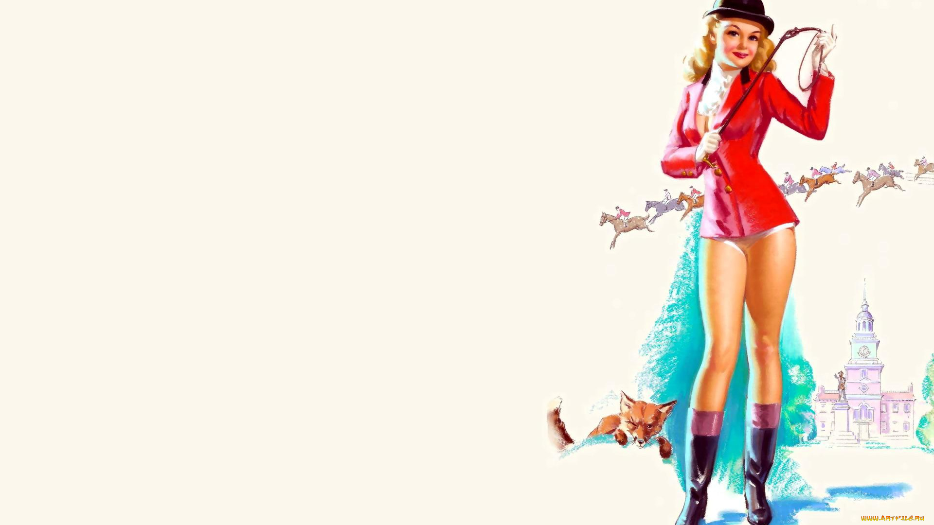 рисованное, люди, девушка, шляпа, сапоги, стек, всадники, лиса