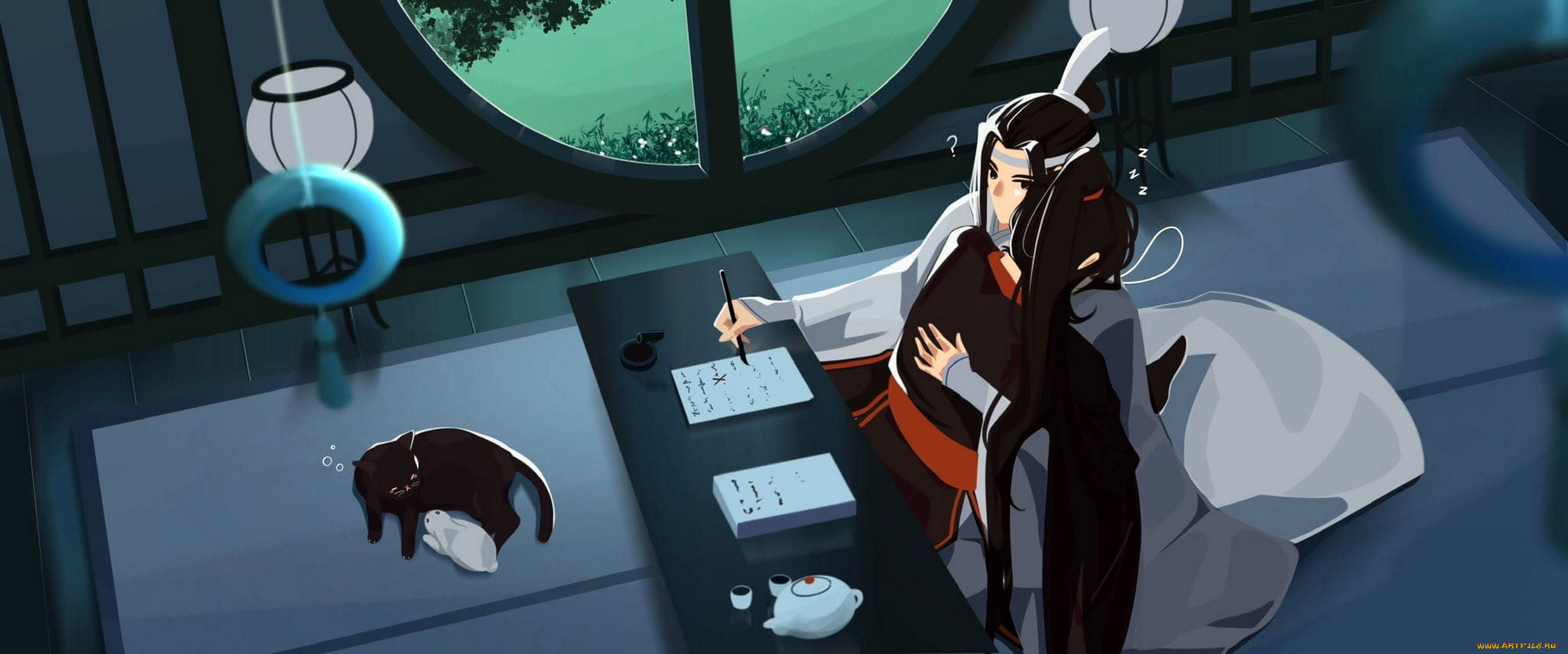 аниме, mo, dao, zu, shi, вэй, усянь, лань, ванцзы, стол, кот, кролик