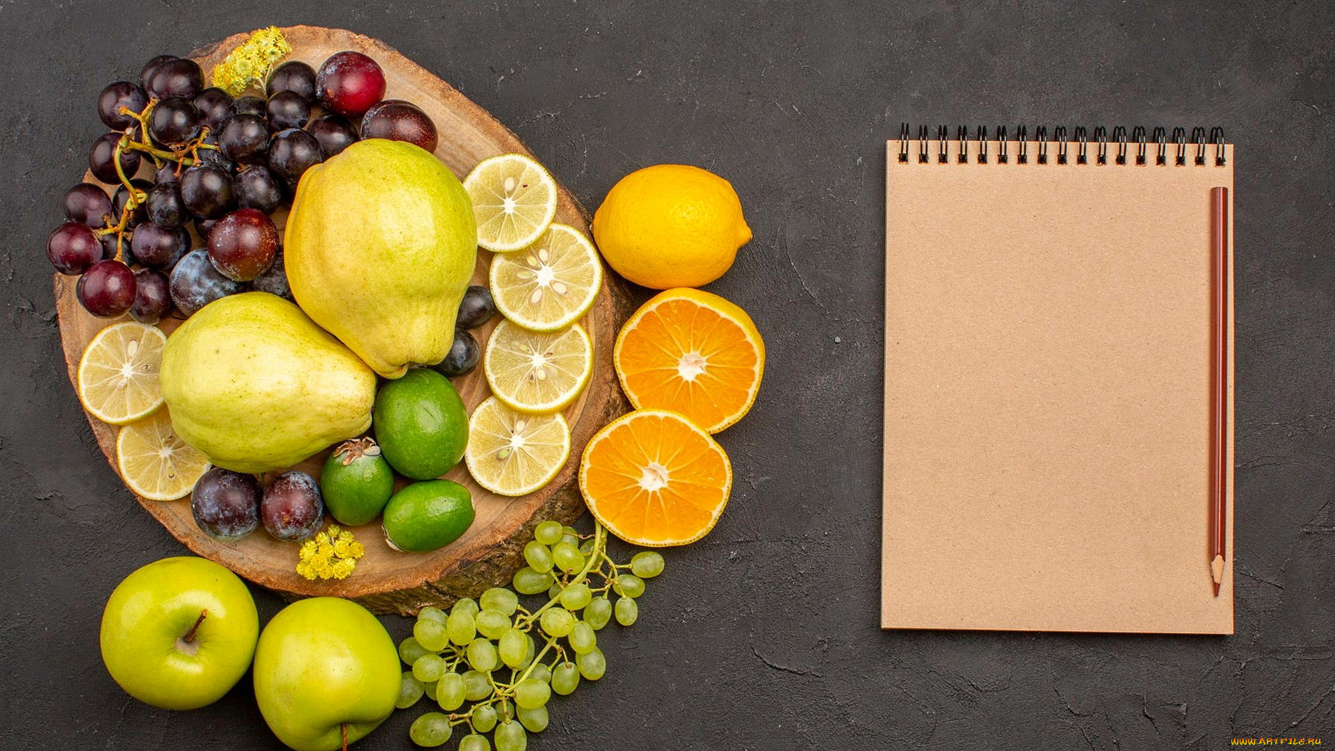 еда, фрукты, , ягоды, фейхоа, яблоки, лимоны, блокнот, карандаш