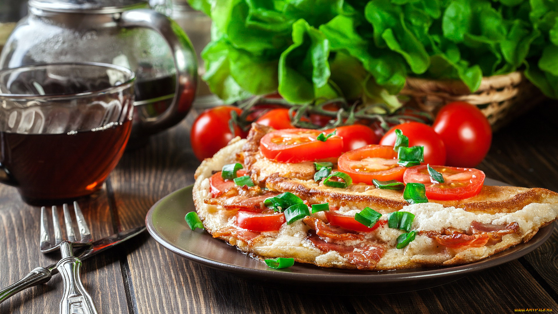 еда, яичные, блюда, чай, помидоры, омлет