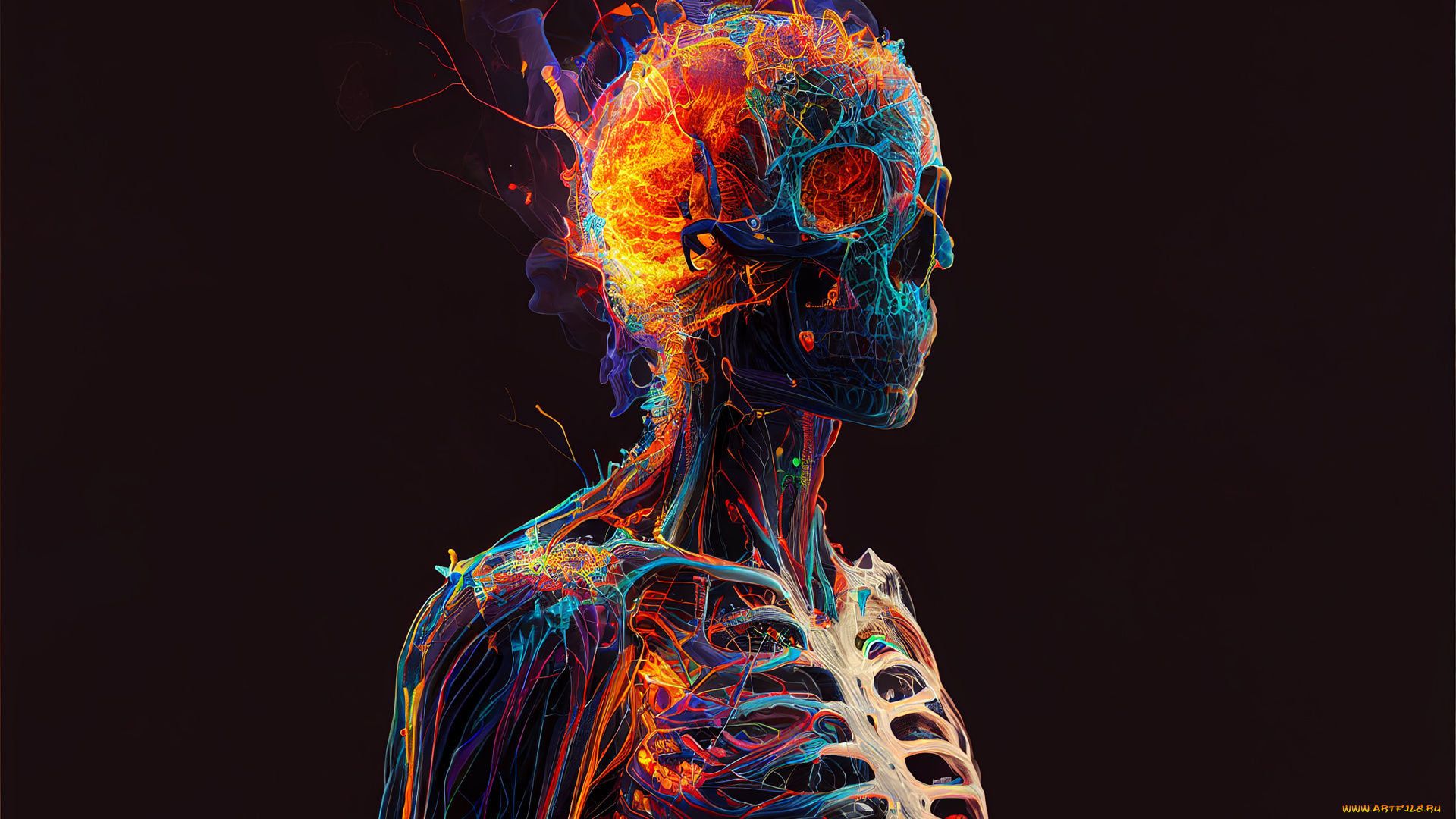 3д, графика, ужас, , horror, скелет, фигура, цвета, огонь