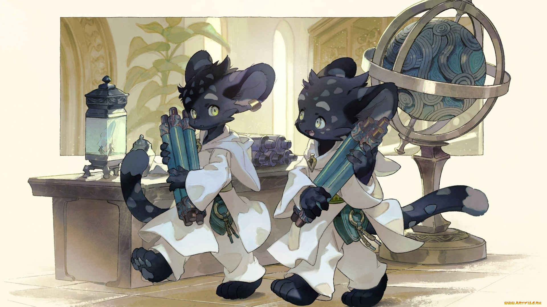 аниме, животные, , существа, существа, свитки, стол, глобус