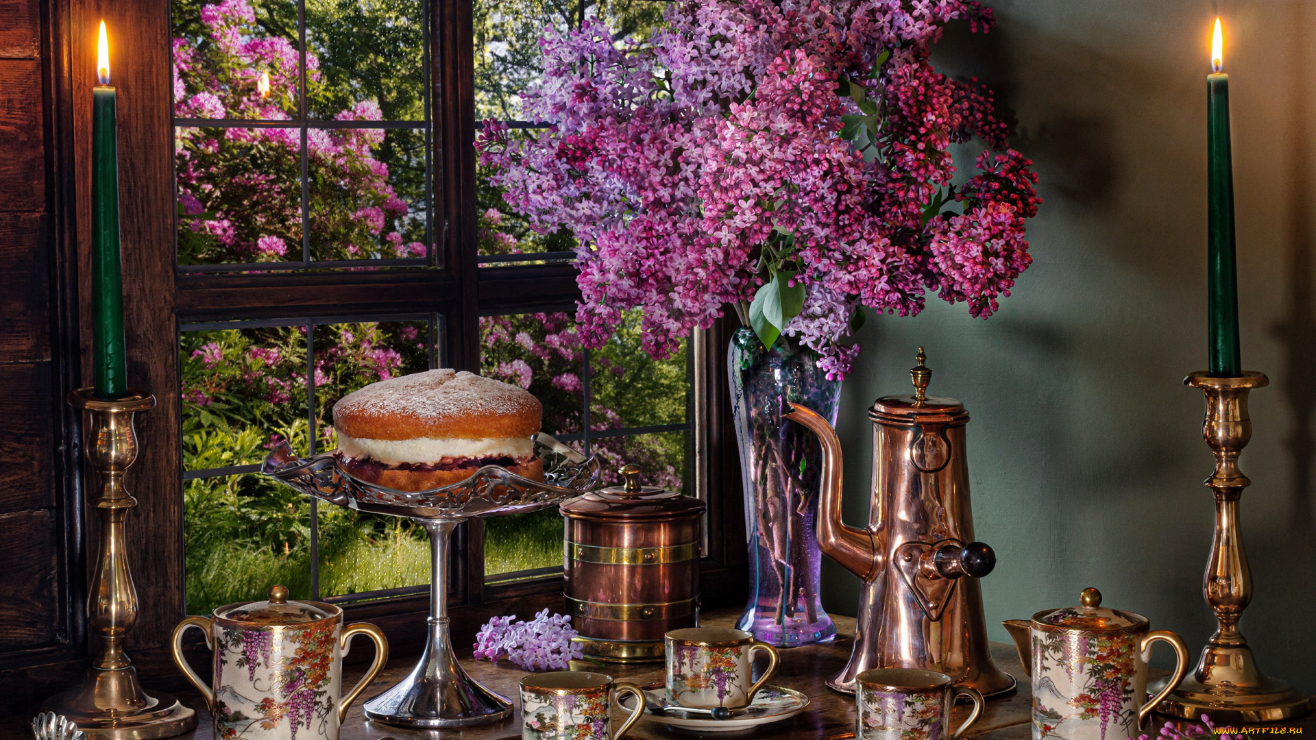еда, натюрморт, сирень, свечи, кофейник, торт
