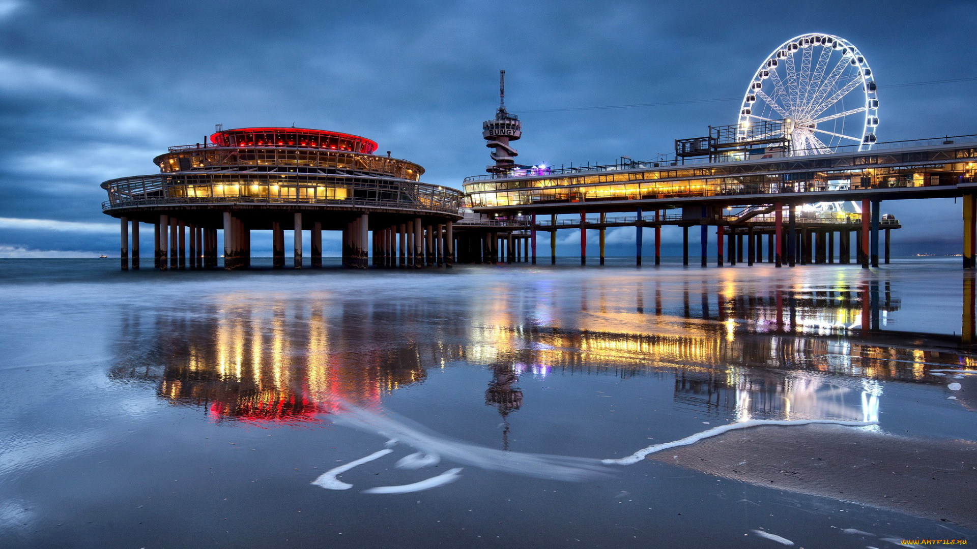 города, гаага, , нидерланды, пирс, вечер