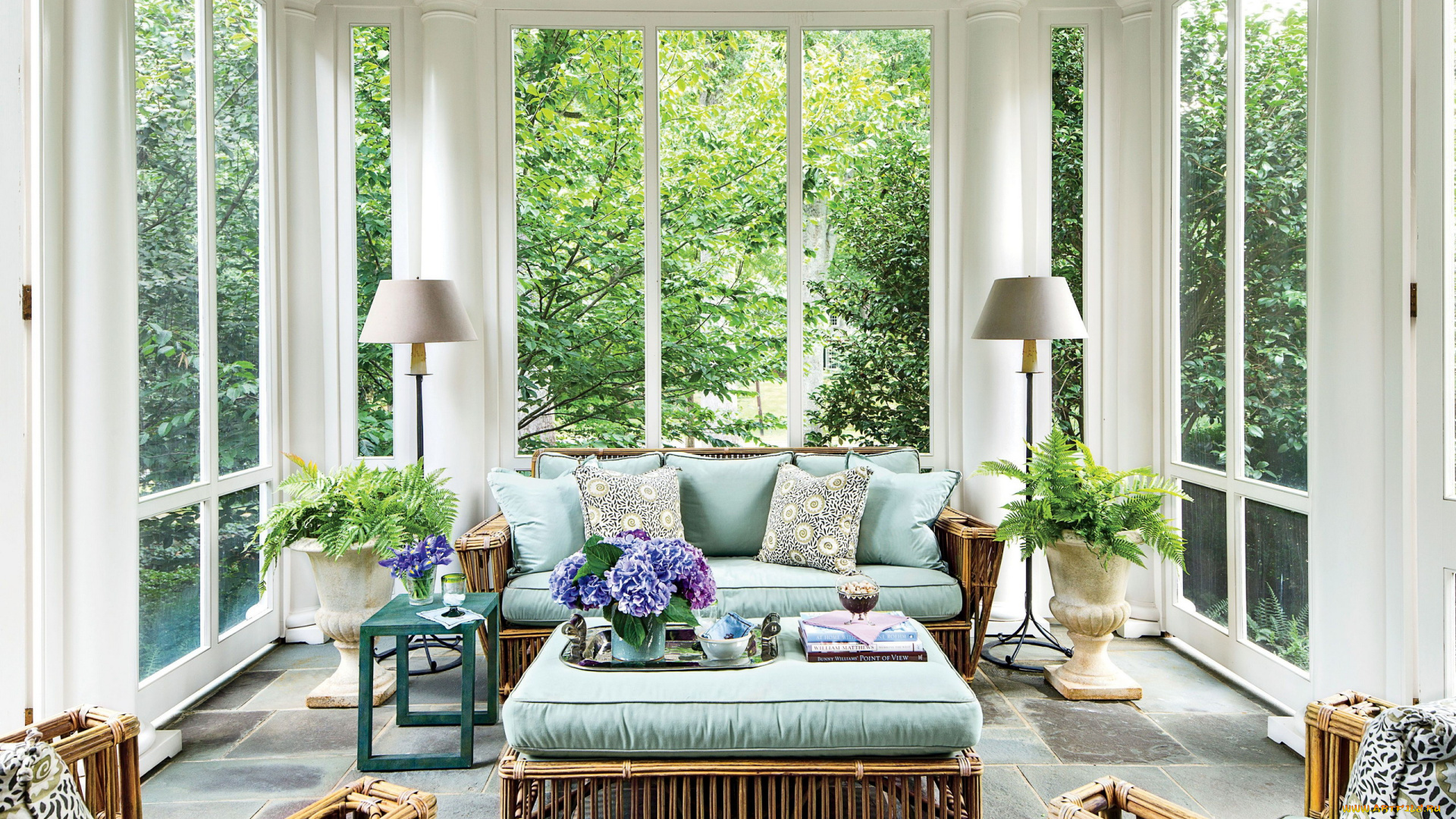 интерьер, гостиная, мягкий, уголок, лампы