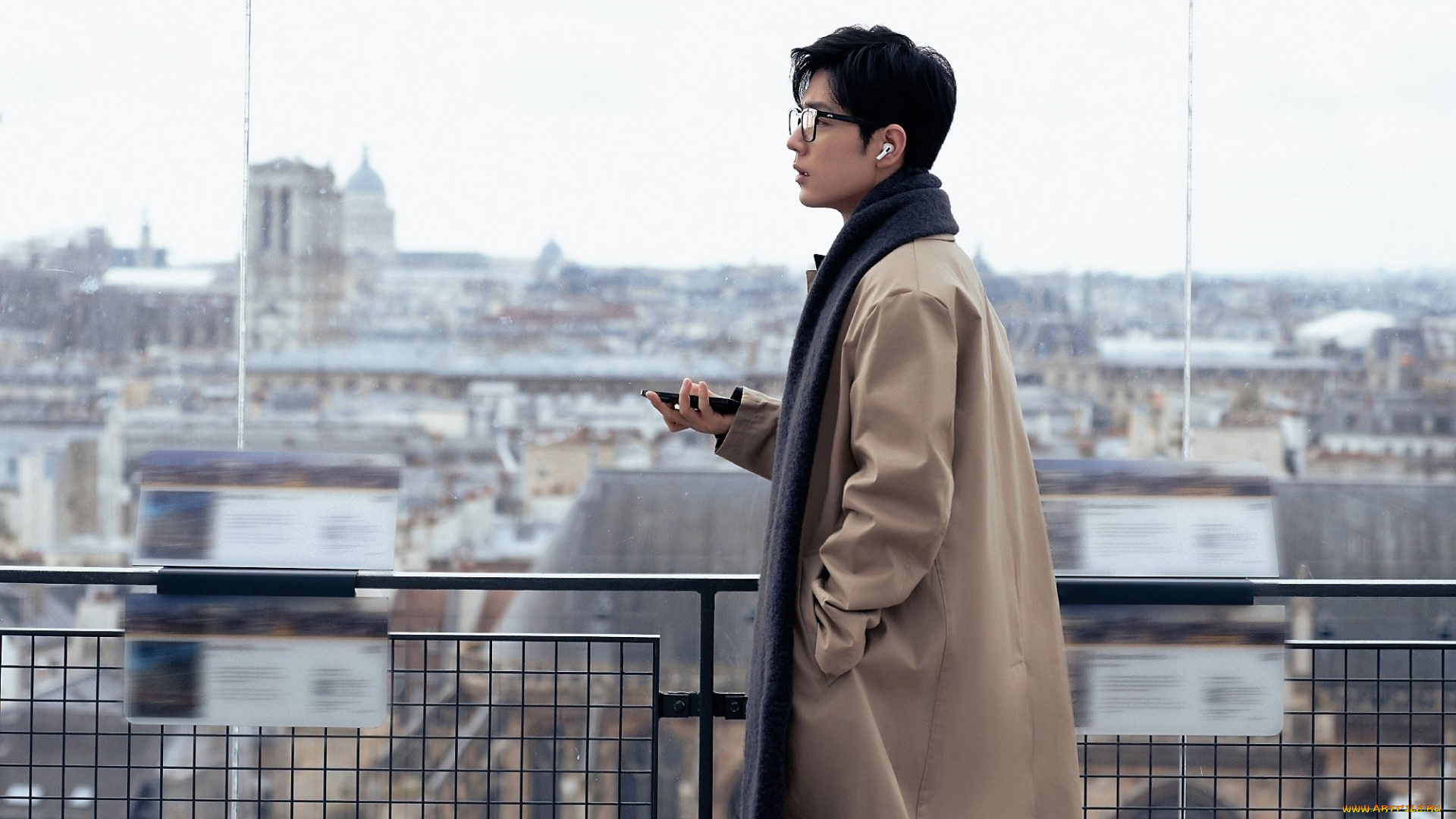 мужчины, xiao, zhan, актер, очки, плащ, шарф, телефон, панорама