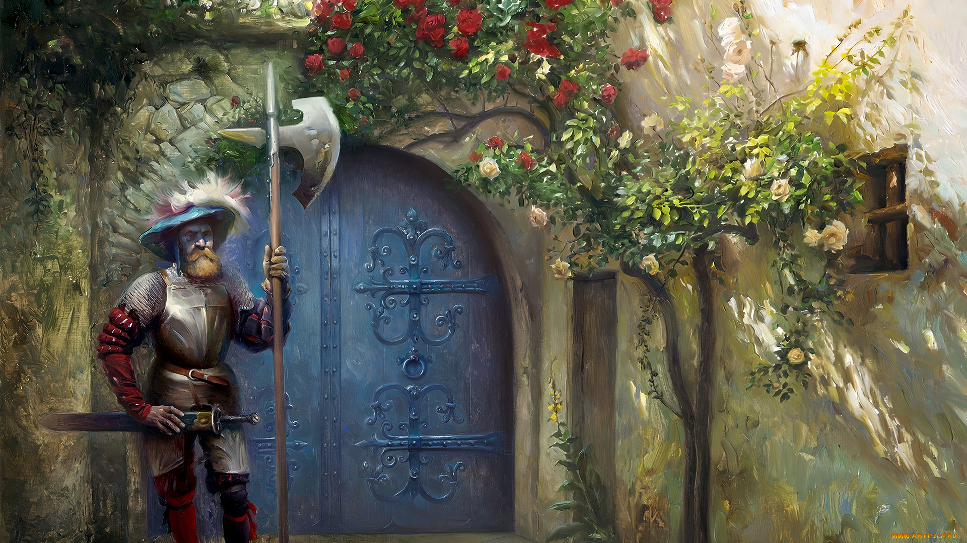 рисованное, люди, стражник, врата, цветы