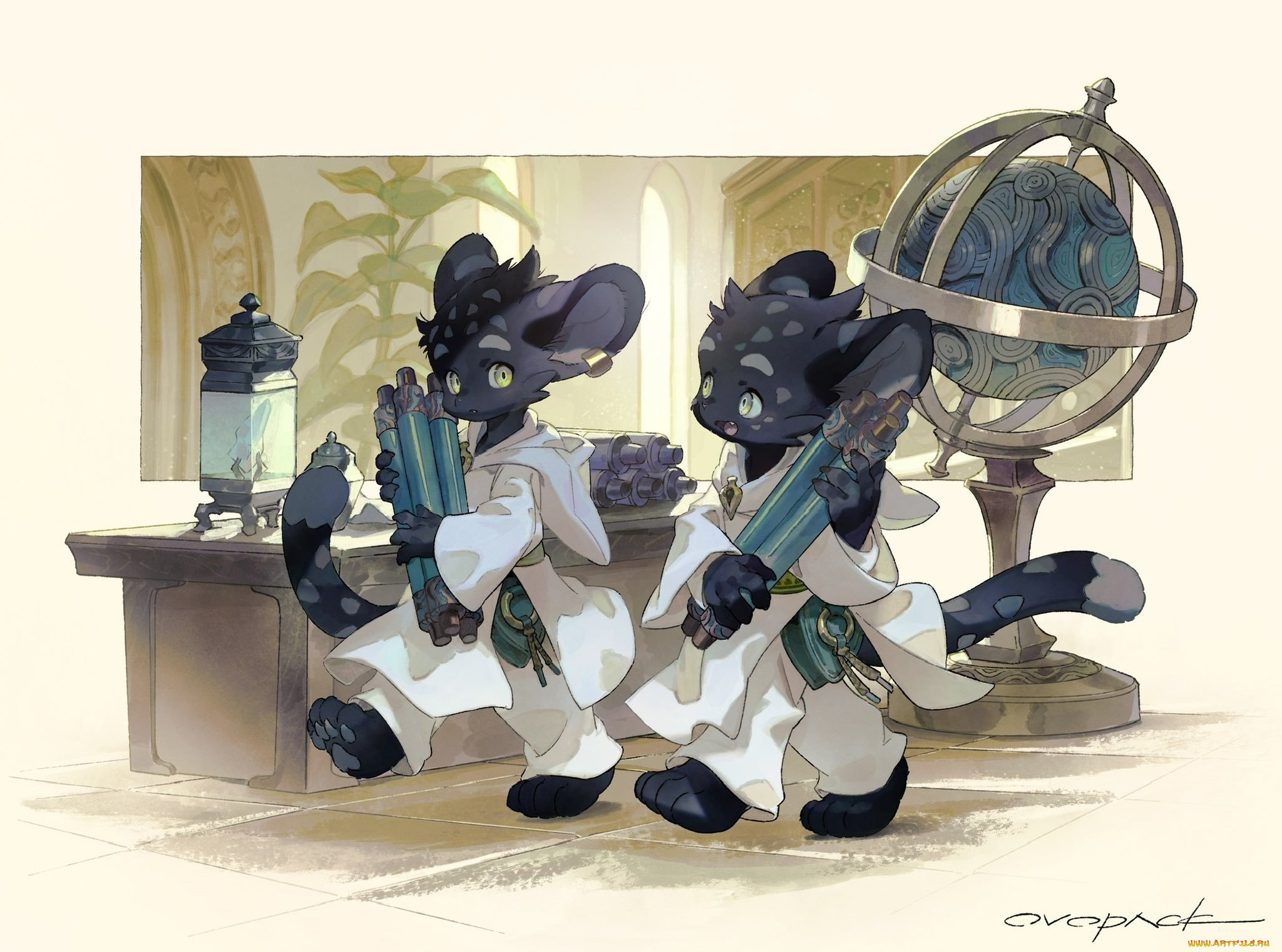 аниме, животные, , существа, существа, свитки, стол, глобус