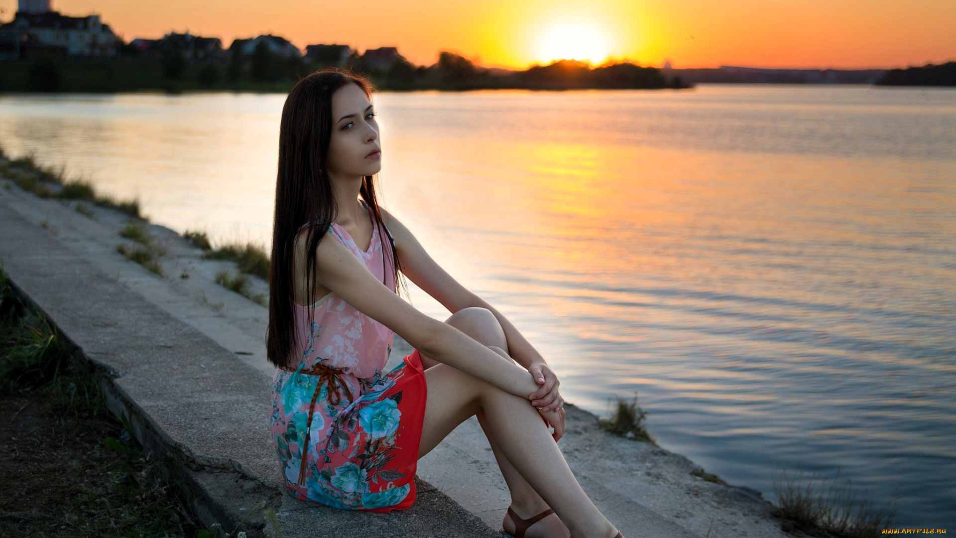 девушки, -, брюнетки, , шатенки, брюнетка, платье, закат, дома, озеро