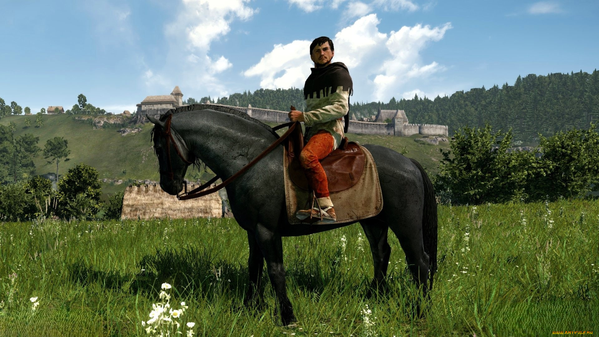 видео, игры, kingdom, come, , deliverance, всадник, луга, холмы, лес, крепость