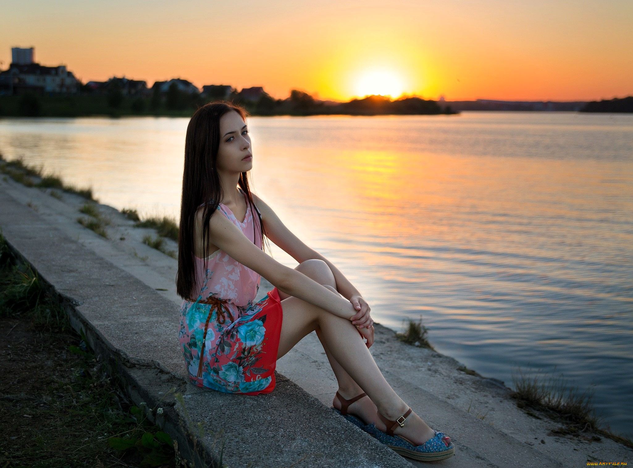 девушки, -, брюнетки, , шатенки, брюнетка, платье, закат, дома, озеро