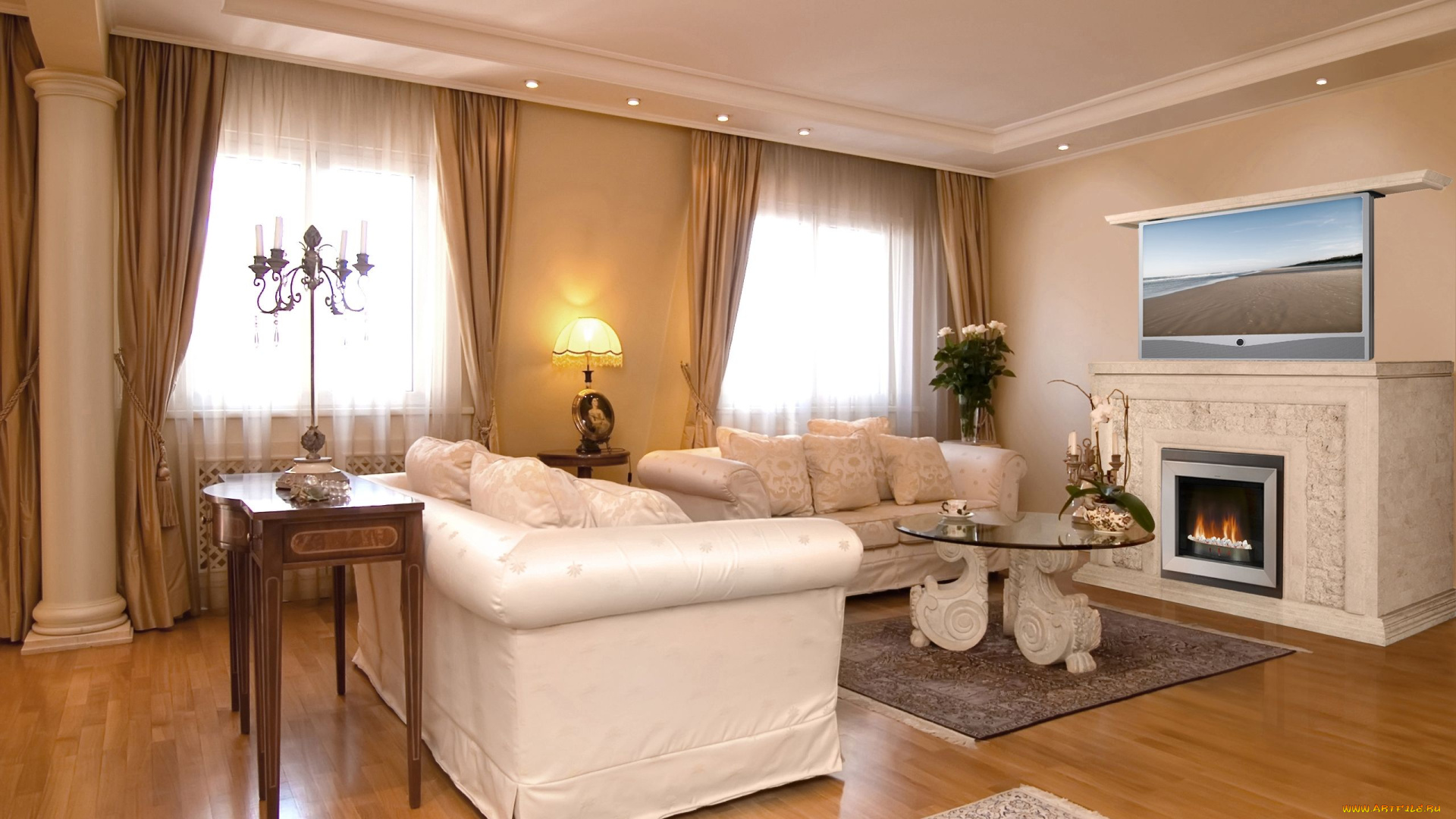 интерьер, гостиная, кмин, торшер, кресло, диван, стол, колонна