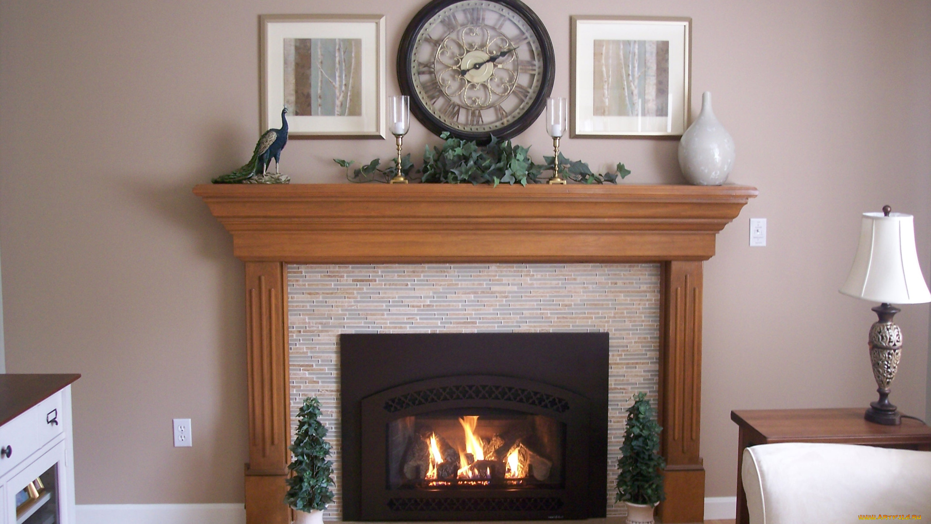 интерьер, камины, картина, камин, часы, лампа