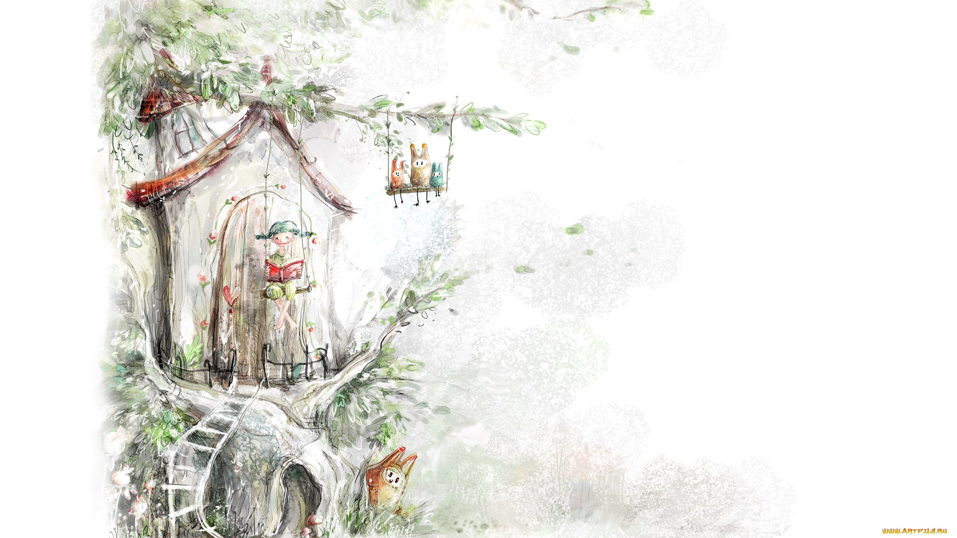 рисованные, другое, дом, на, дереве, лестница, девочка, книга