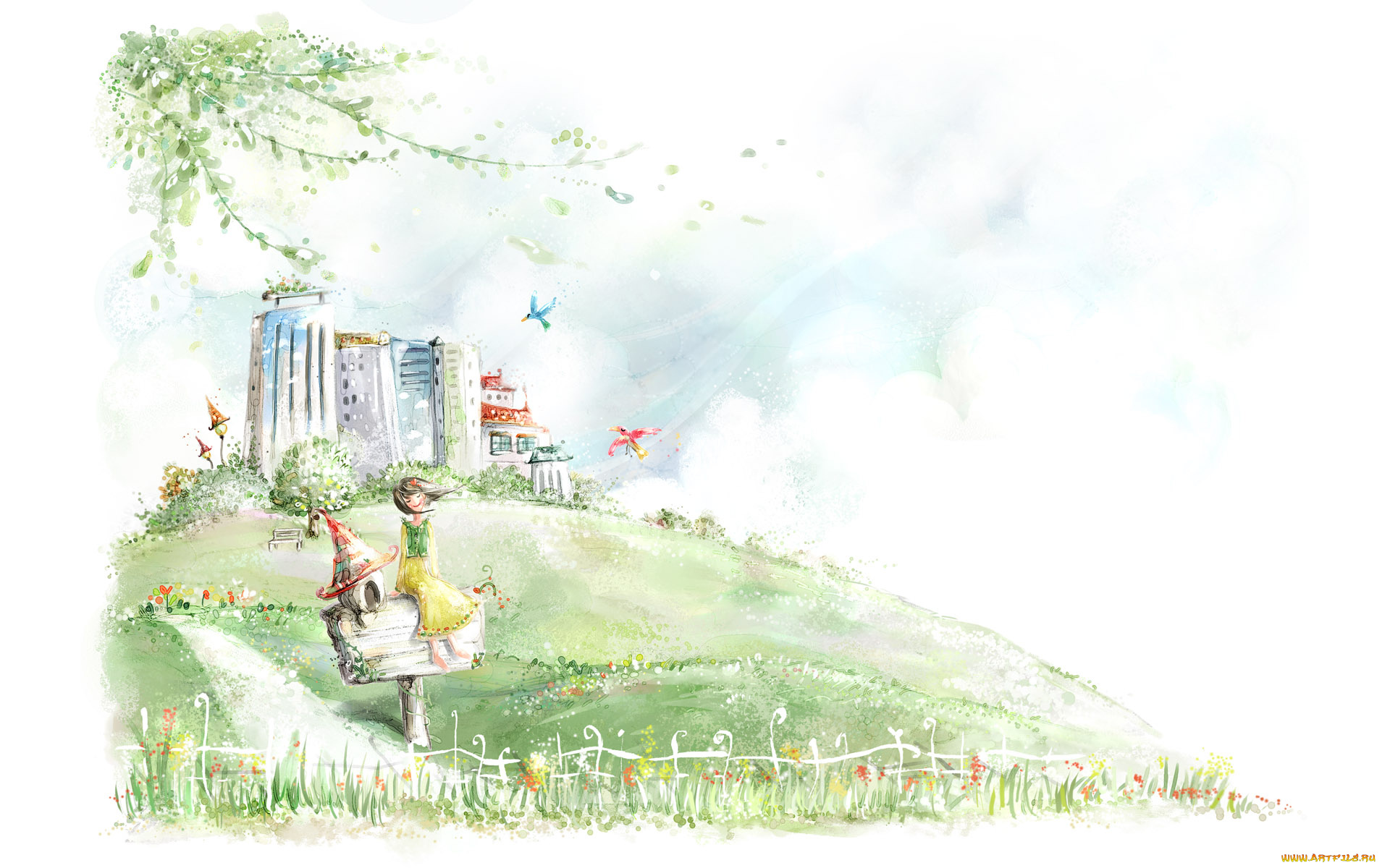 рисованные, дети, девочка, почтовый, ящик, дома, птицы, забор