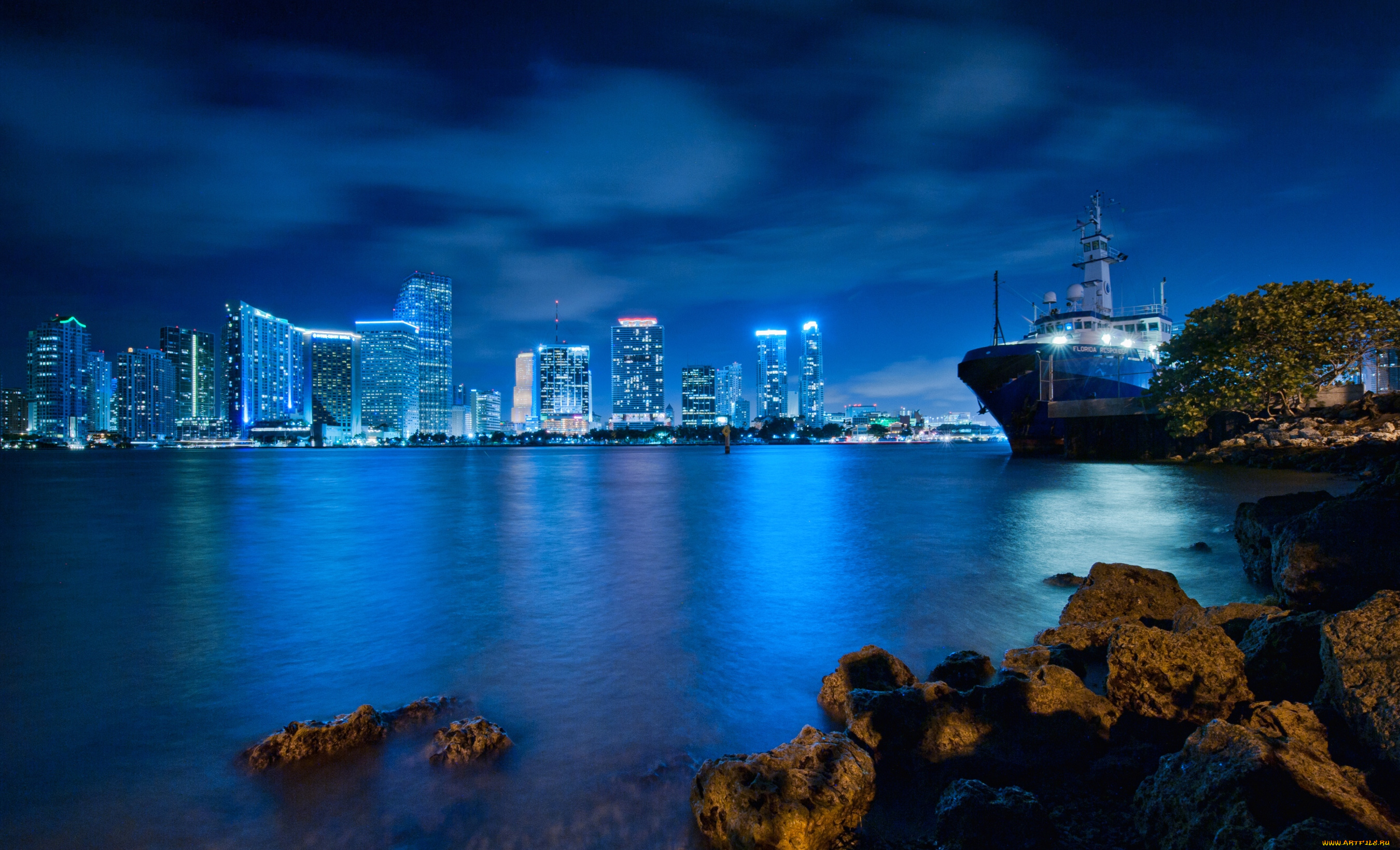 майами, сша, города, огни, ночного, ночь, вода, небоскребы, корабль