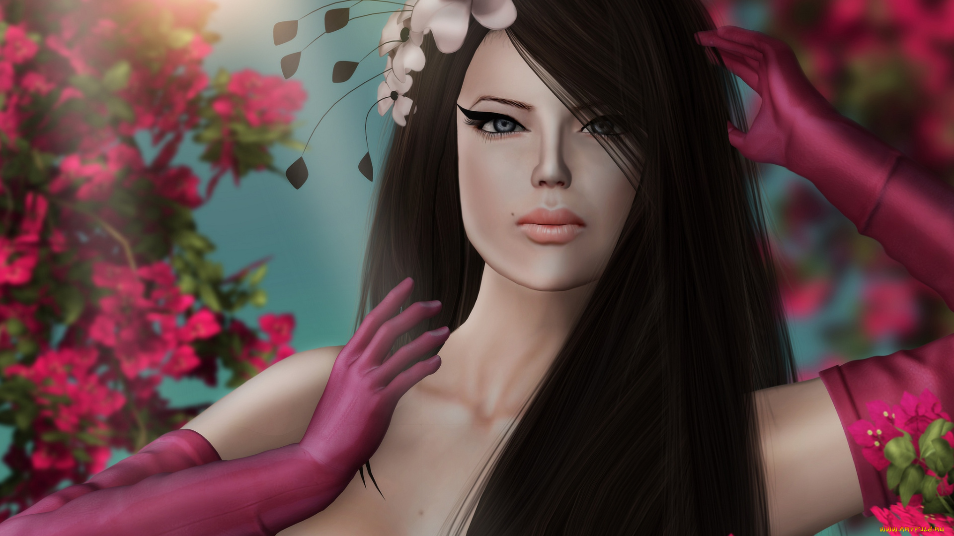 3д, графика, portraits, портрет, цветы, девушка