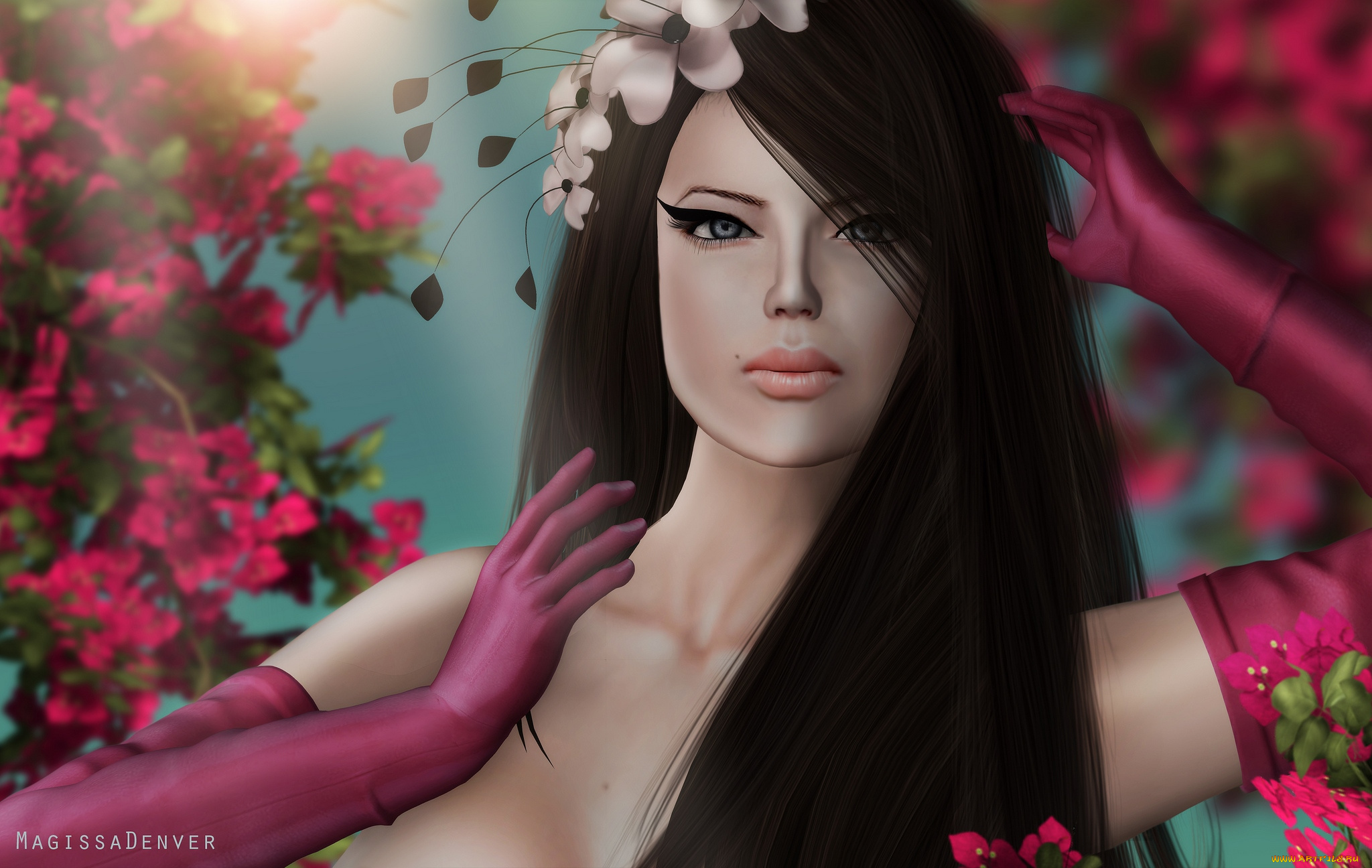 3д, графика, portraits, портрет, цветы, девушка