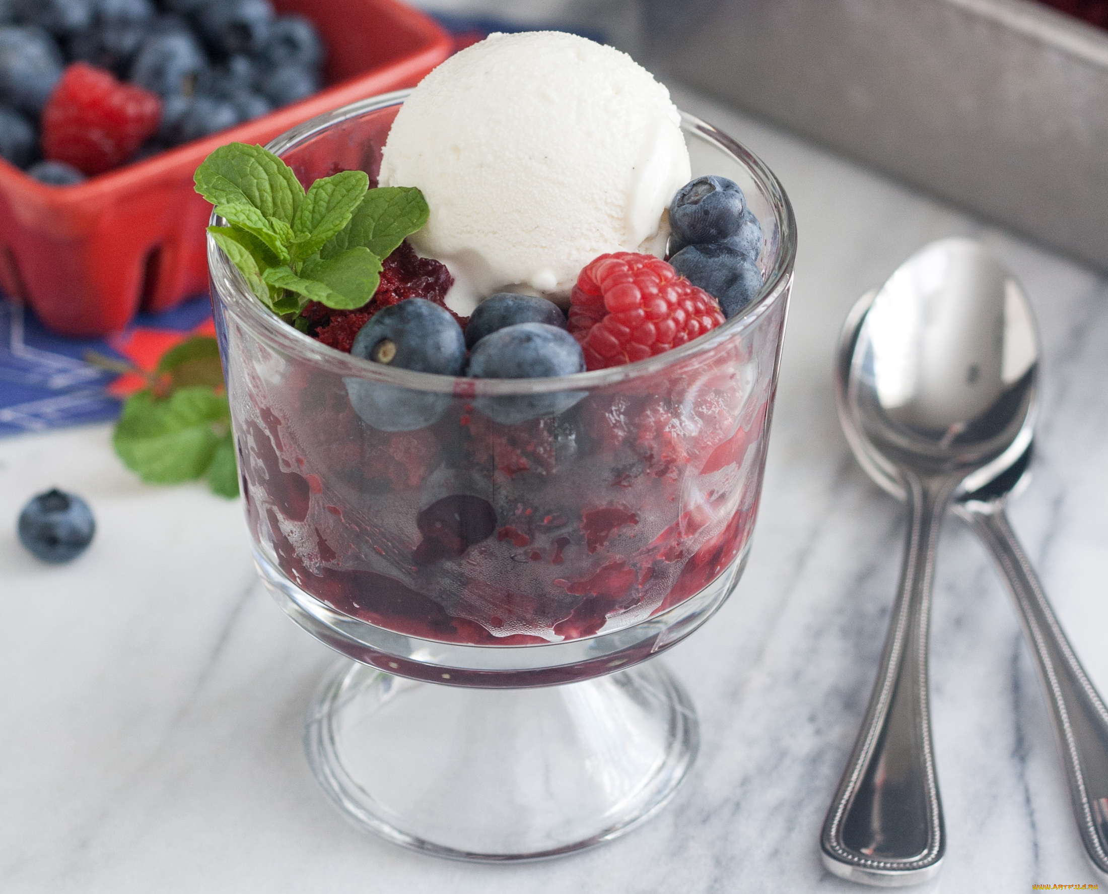 еда, мороженое, десерты, малина, голубика, мята
