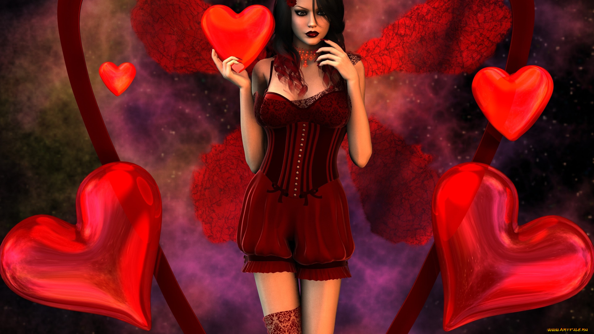 3д, графика, праздники, , holidays, взгляд, сердечки, девушка