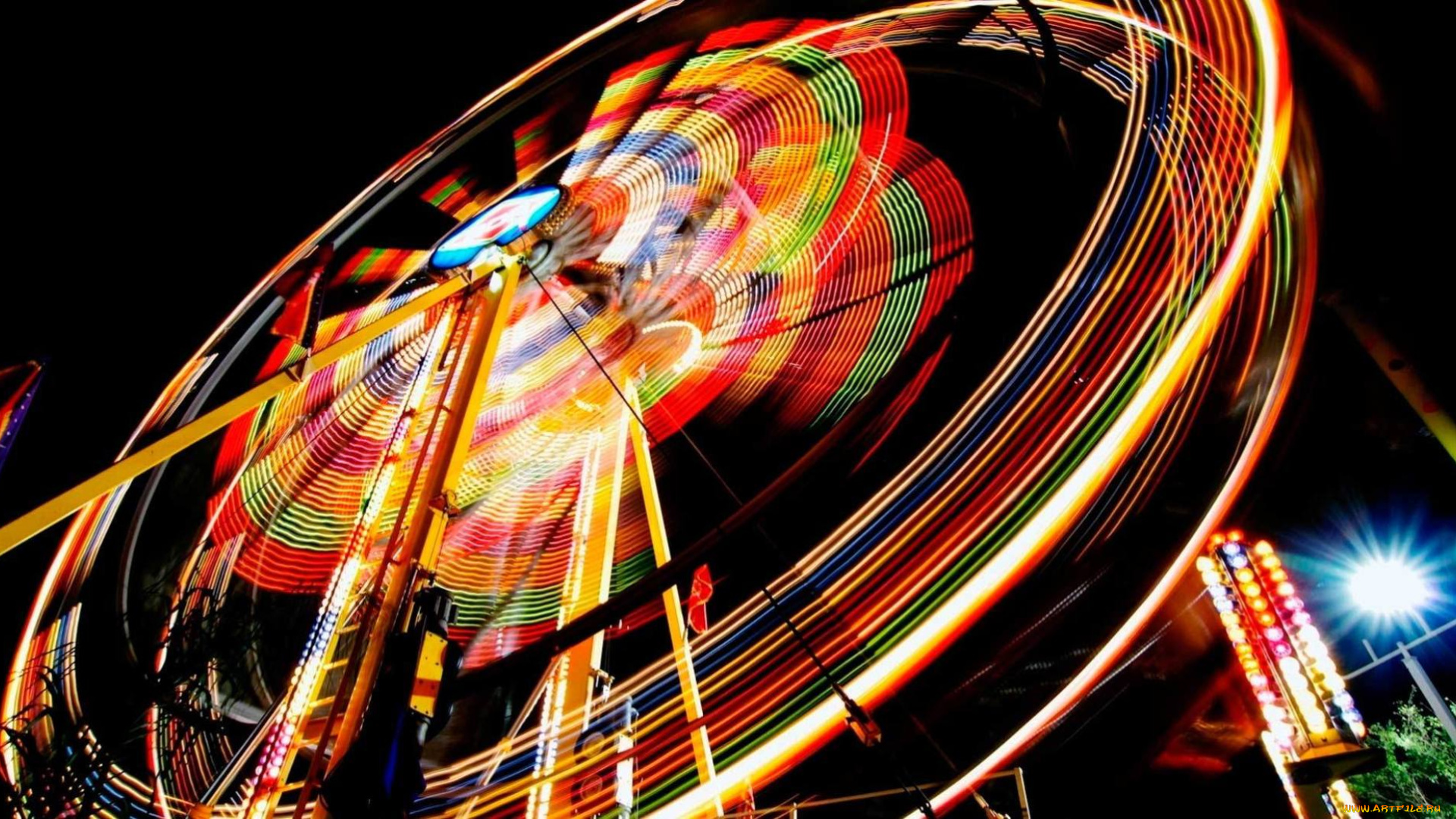 разное, карусели, , качели, , аттракционы, качели, ночь, огни, яркость, движение