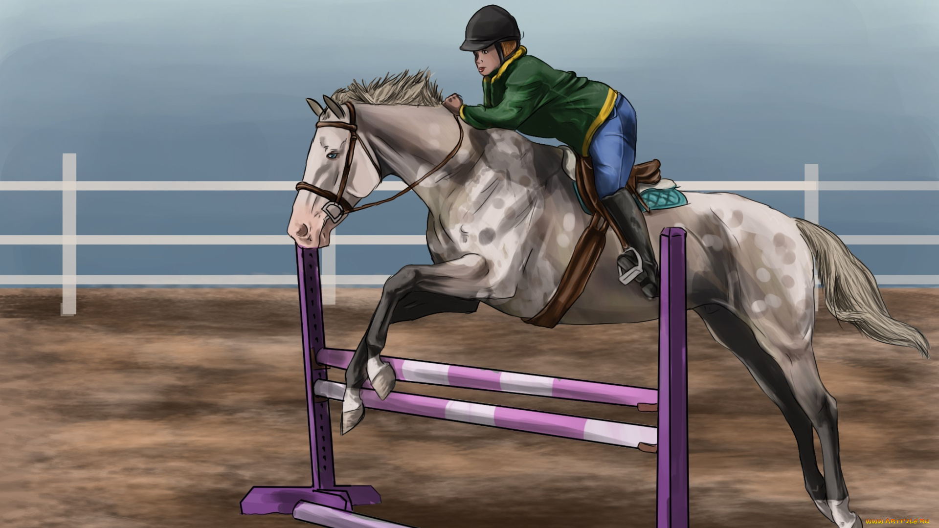 рисованные, животные, , лошади, наездник, лошадь, прижок