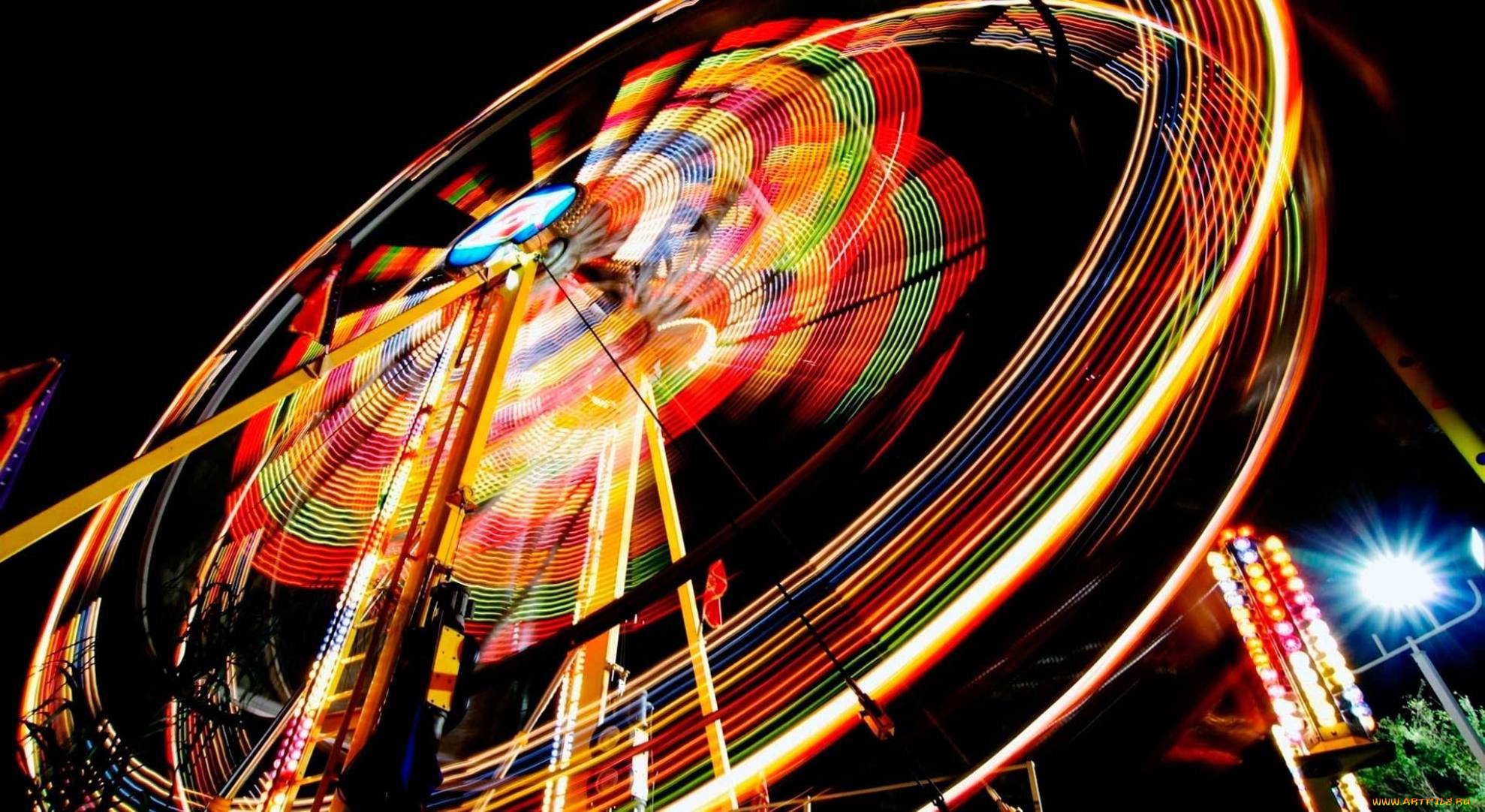 разное, карусели, , качели, , аттракционы, качели, ночь, огни, яркость, движение