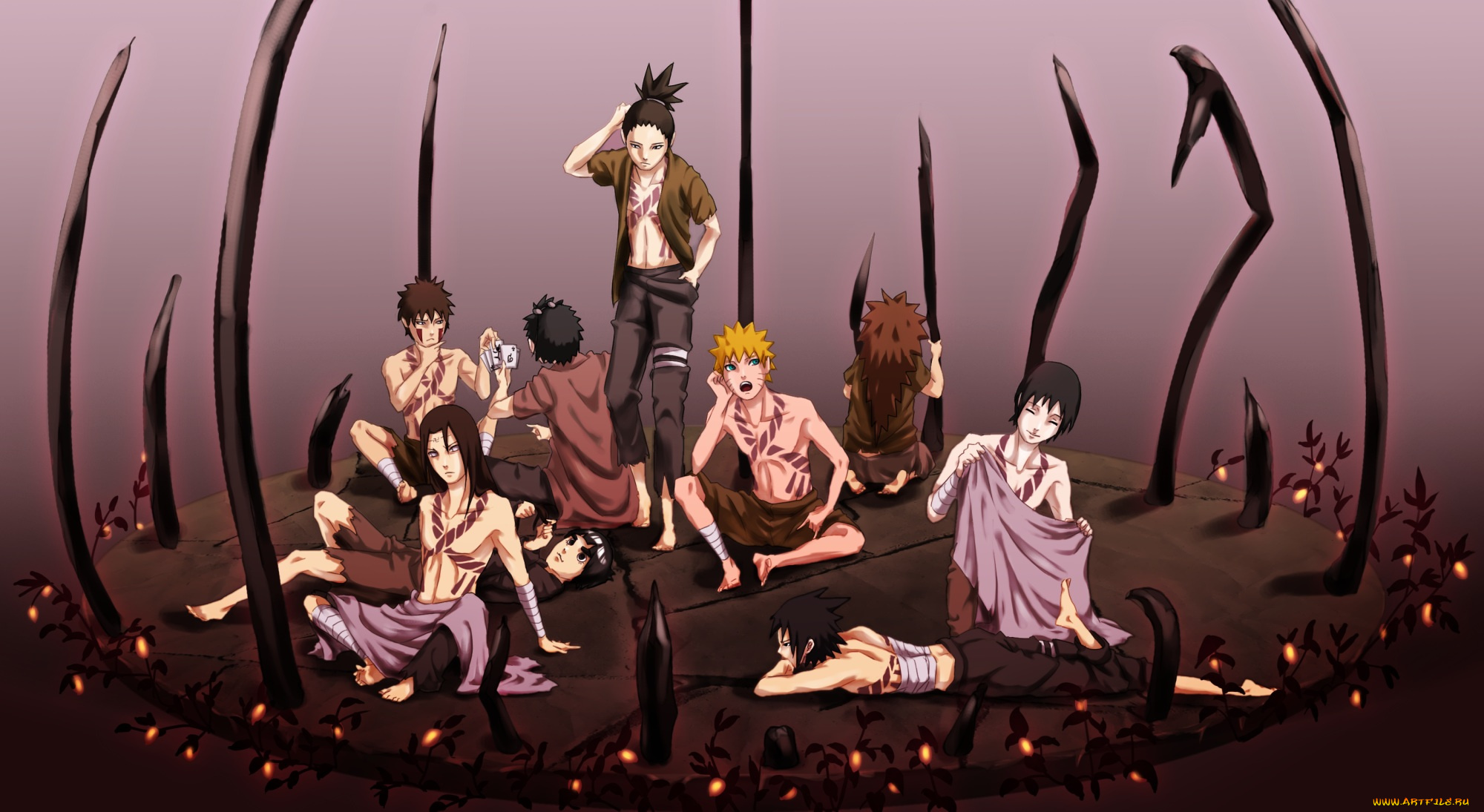 аниме, naruto, неджи, шикомару, чеуджи, арт, наруто, рок, ли, парни, сай, саске