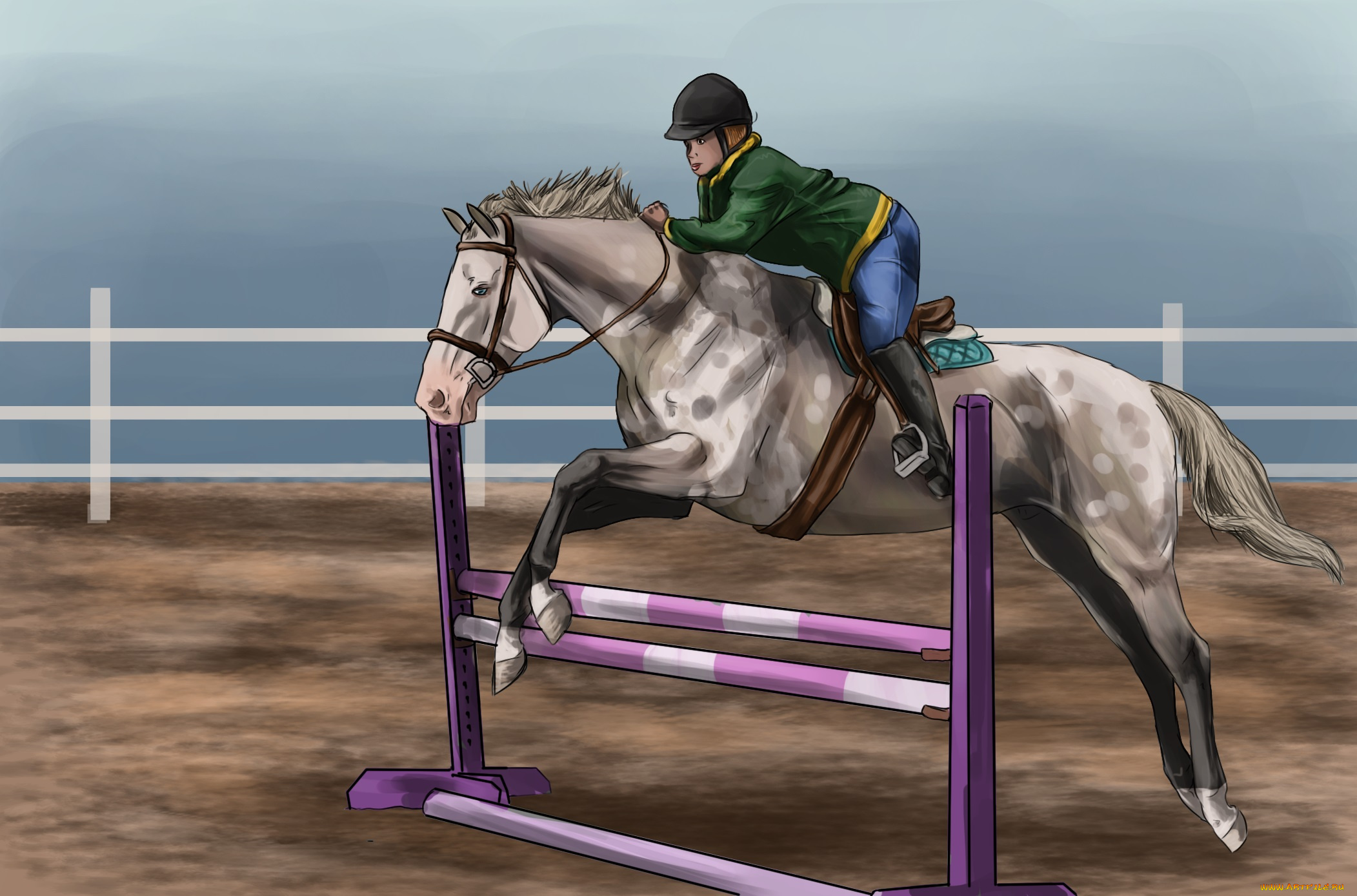 рисованные, животные, , лошади, наездник, лошадь, прижок