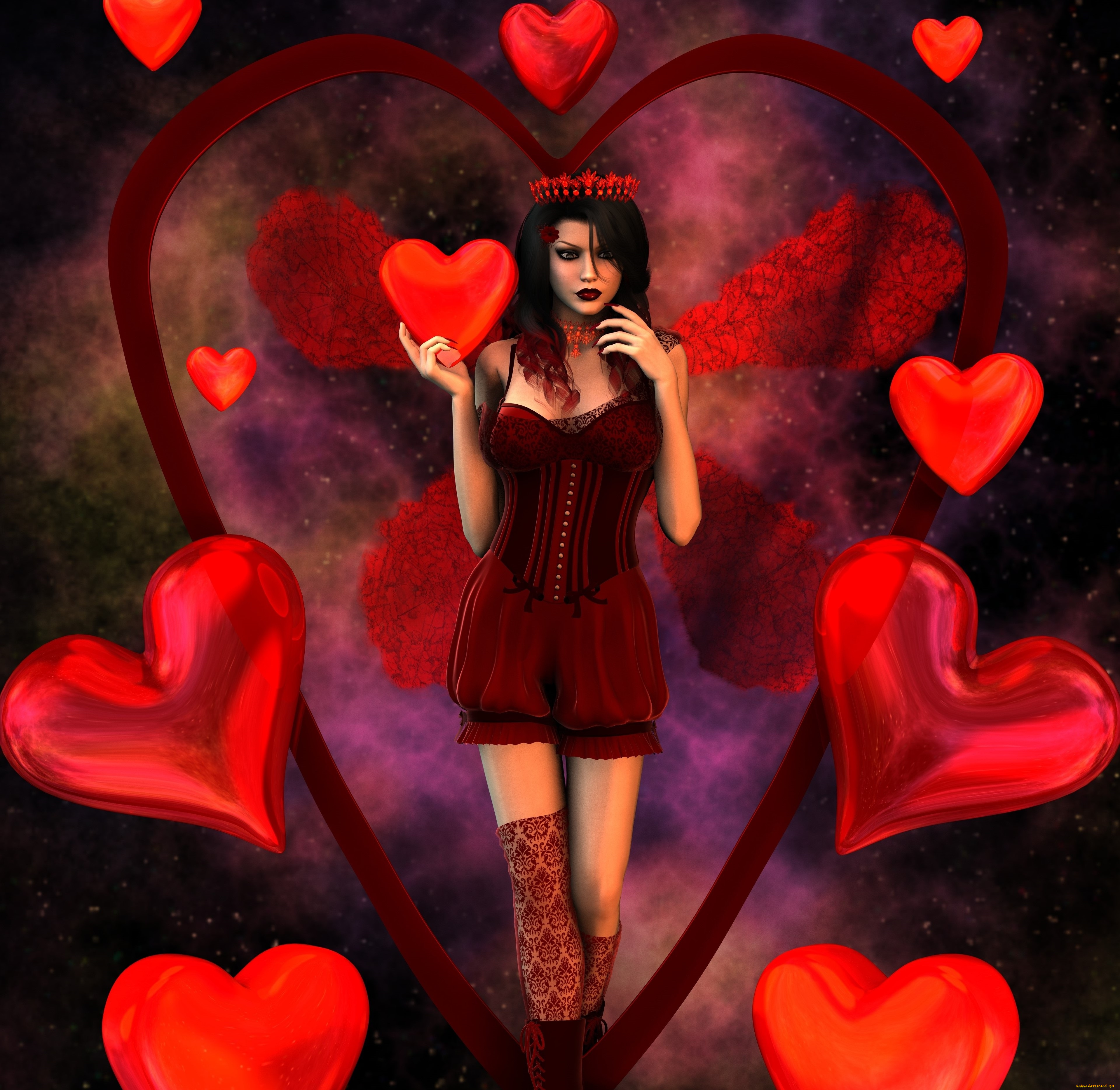 3д, графика, праздники, , holidays, взгляд, сердечки, девушка