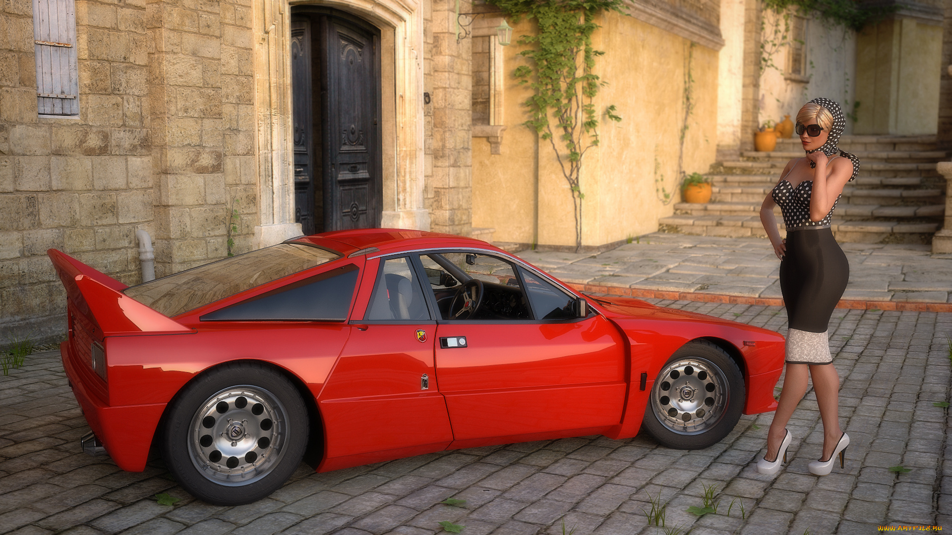 автомобили, 3d, car&girl, девушка, взгляд, фон, автомобиль