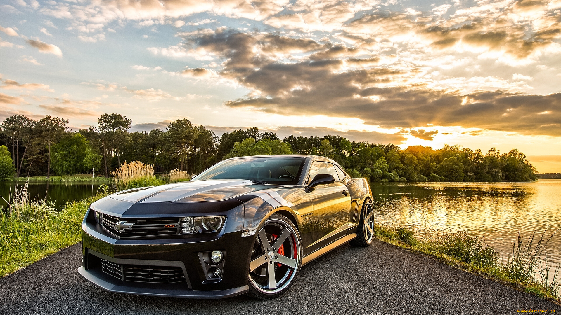 автомобили, camaro, chevrolet, дорога, озеро, природа, ss