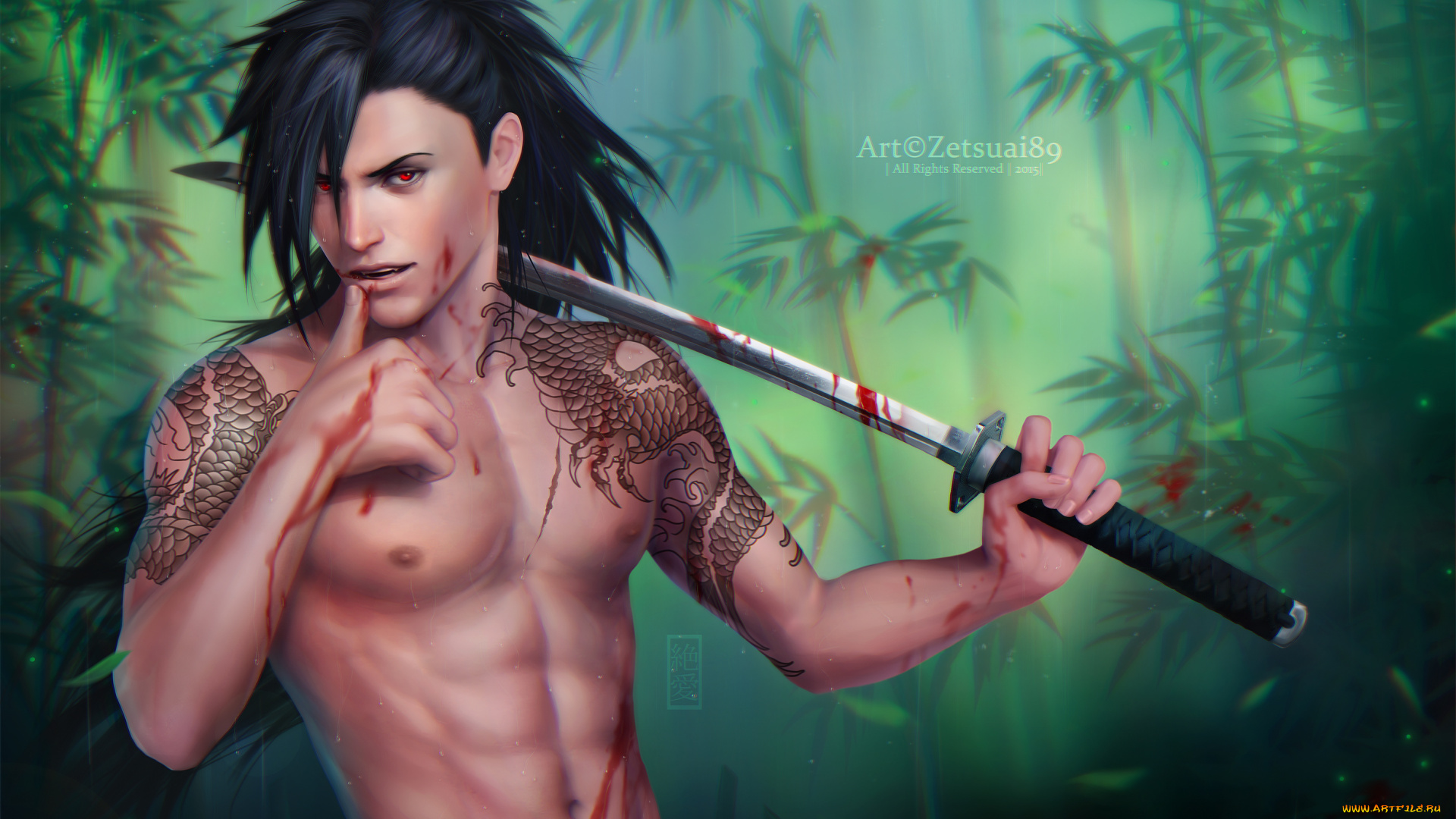 фэнтези, люди, мужчина, uchiha, madara, naruto, аниме, татуировки, кровь, оружие, катана, zetsuai89, арт