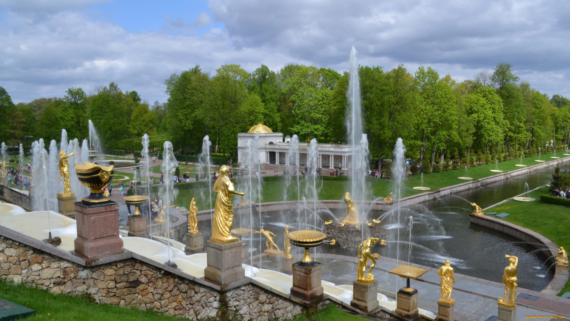 города, -, фонтаны, фонтаны, петергофа, деревья, зеленная, трава, лето, золото, статуи, фонтан, парк