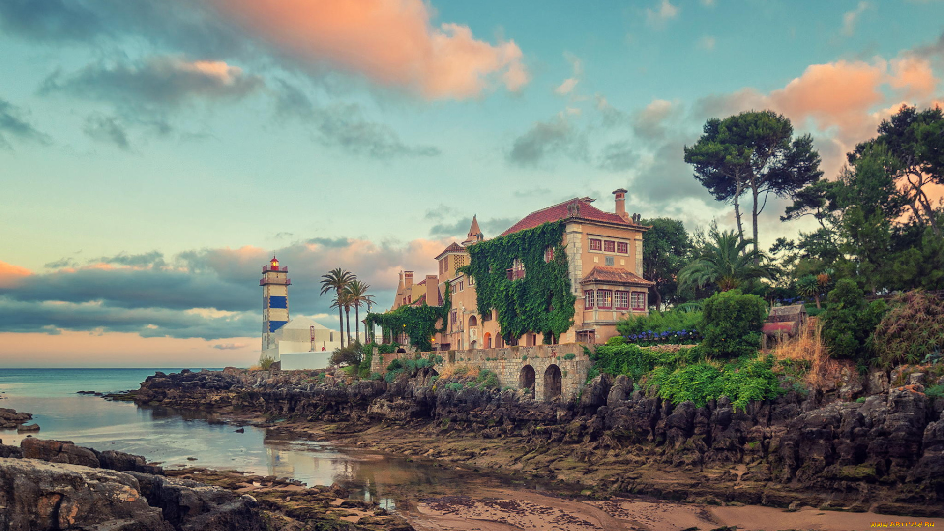 города, -, пейзажи, океан, камни, пляж, пейзаж, вилла, маяк