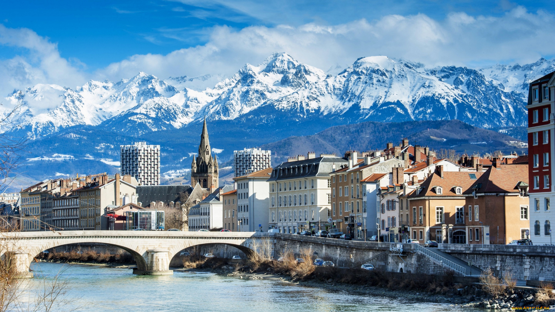 города, -, пейзажи, пейзаж, дома, мост, река, франция, гренобль, grenoble, облака, снег, альпы, горы