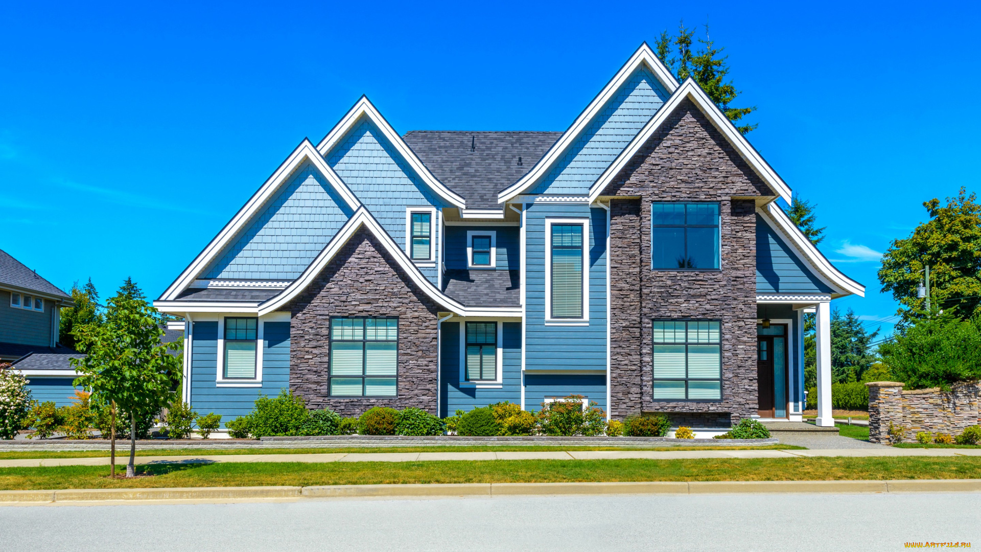 города, -, здания, , дома, голубое, небо, тротуар, дорога, улица, дизайн, дом